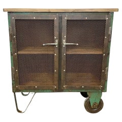 Industrial Iron Cabinet with Mesh Doors on Wheels, 1960s