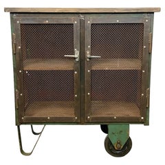 Industrial Iron Cabinet with Mesh Doors on Wheels, 1960s