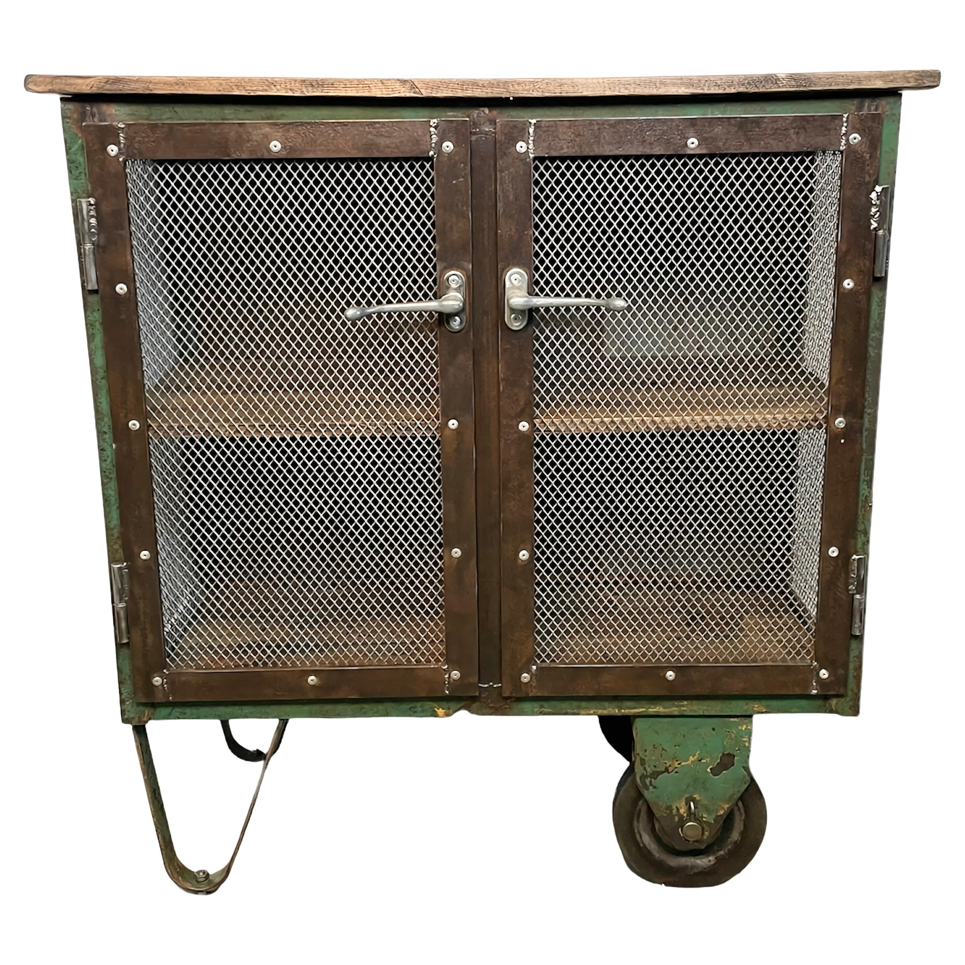 Industrial Iron Cabinet with Mesh Doors on Wheels, 1960s For Sale