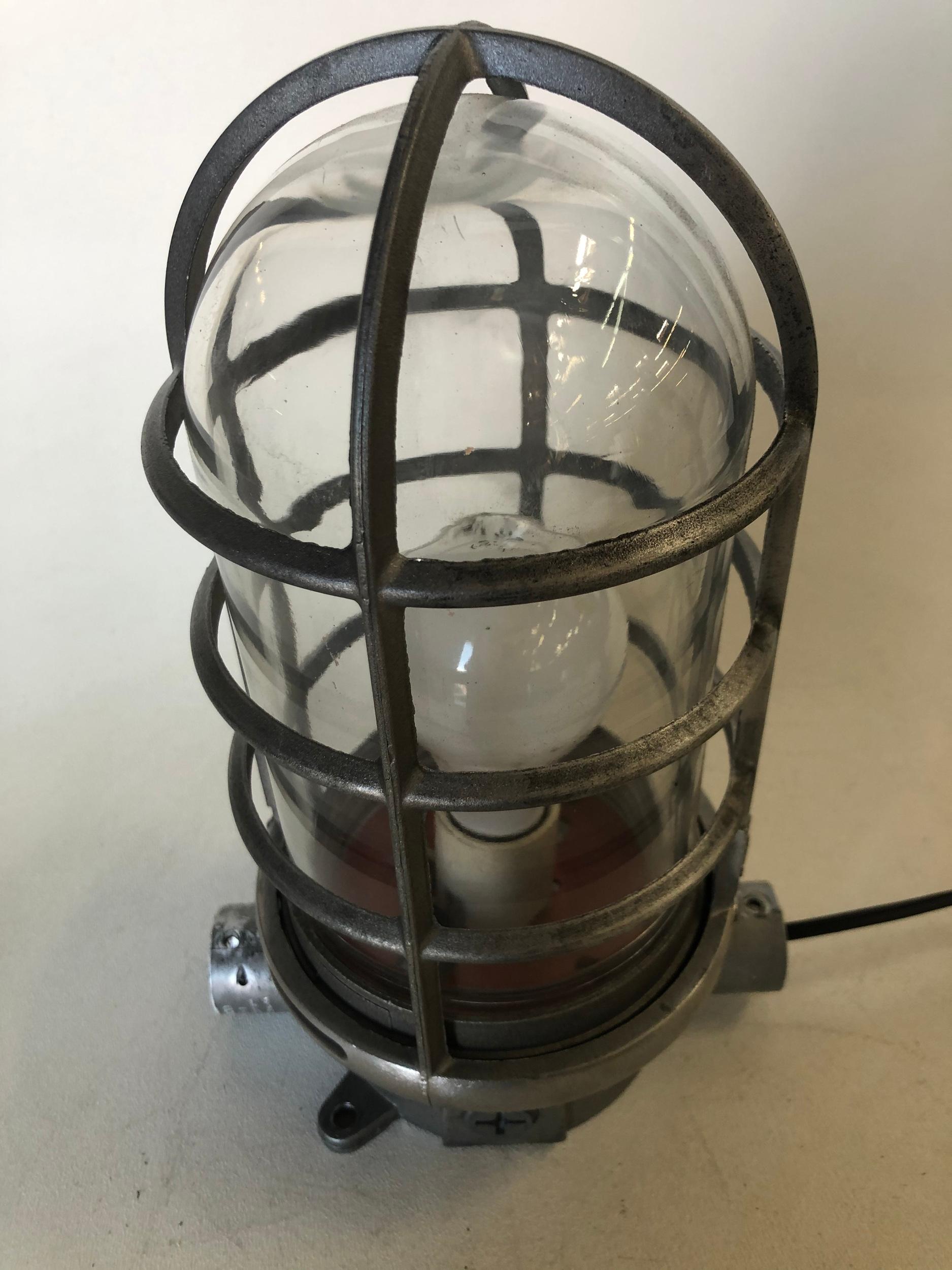 Industrial Iron Caged Marine Vapor Glass Light Fixture For Sale at