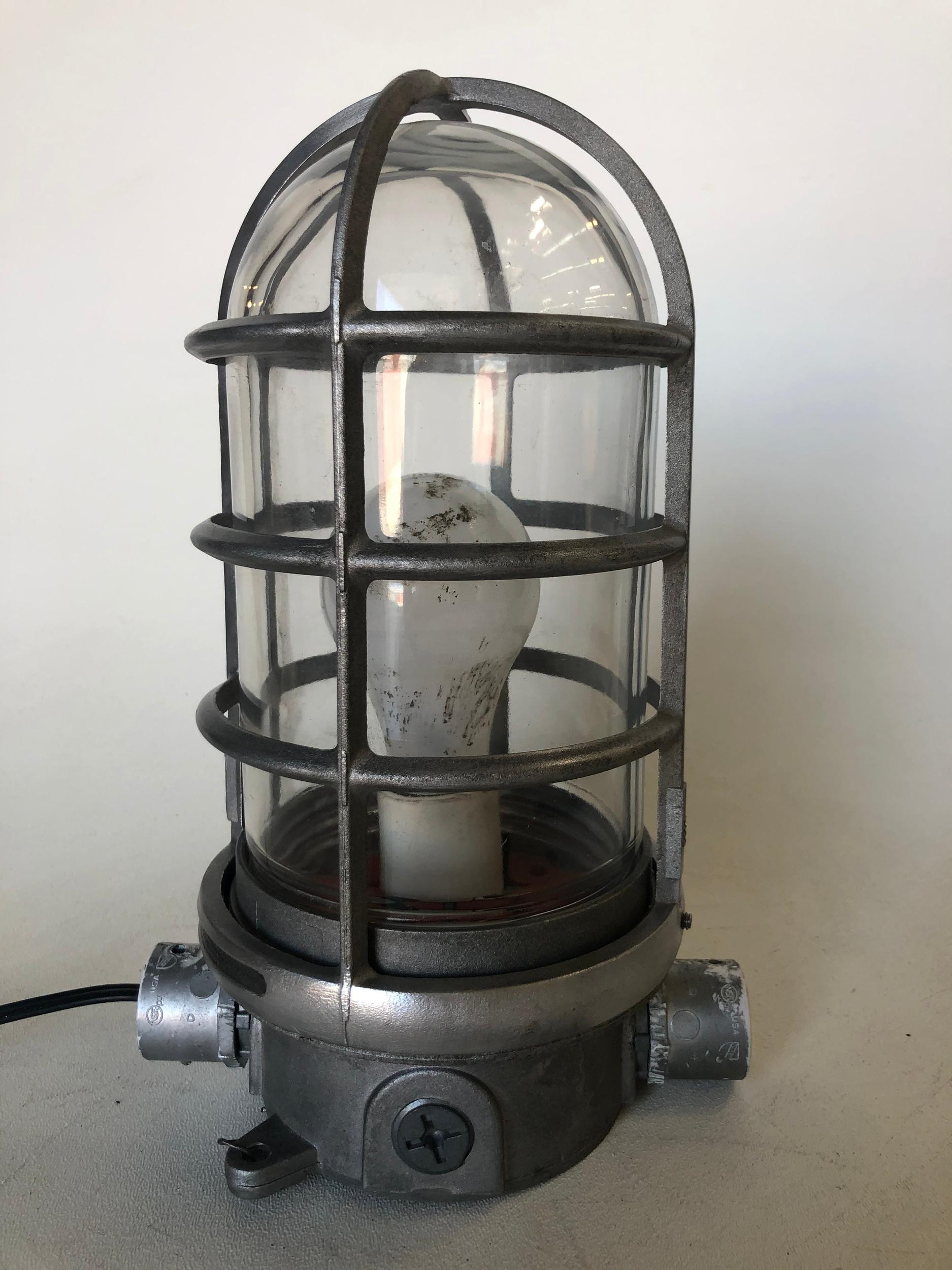 Industrial Iron Caged Marine Vapor Glass Light Fixture For Sale at