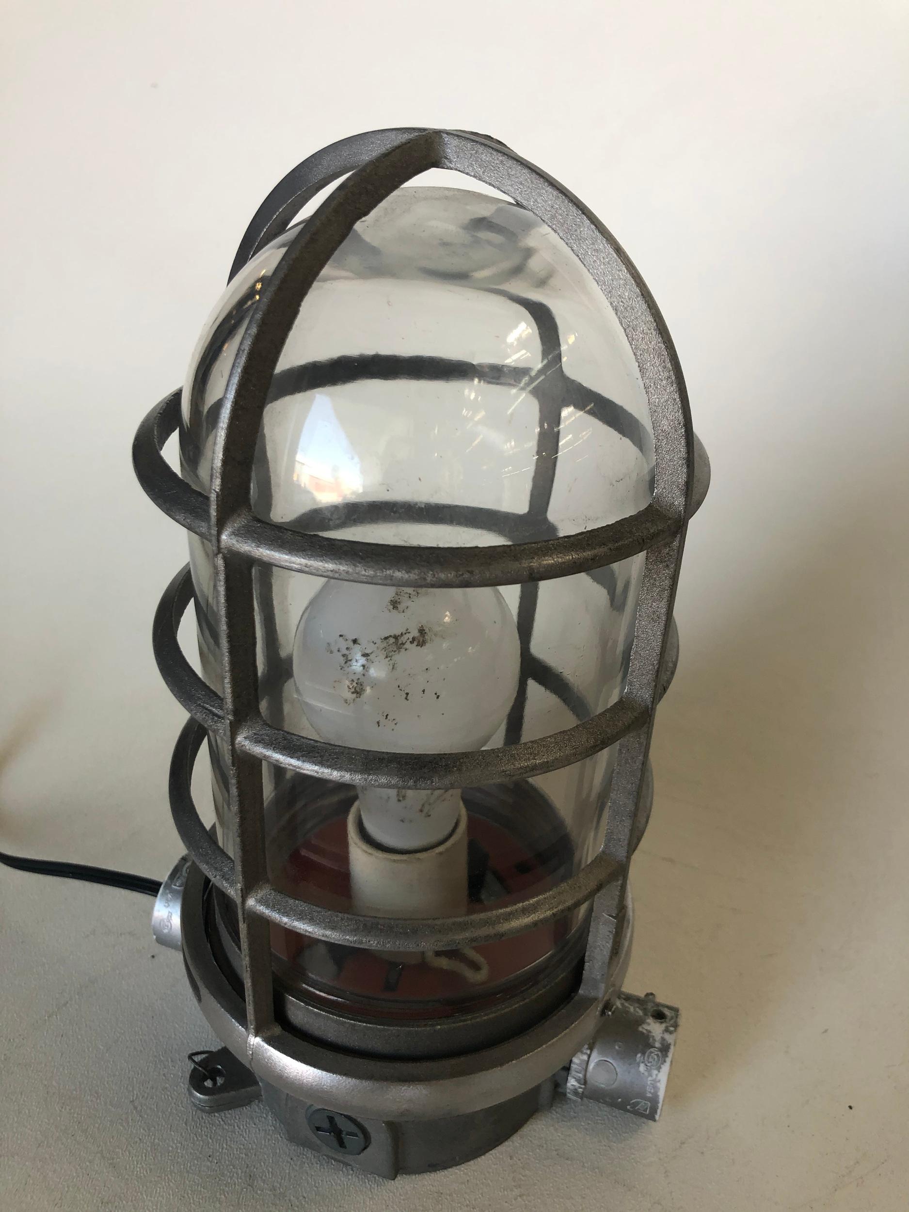 Industrial Iron Caged Marine Vapor Glass Light Fixture For Sale at