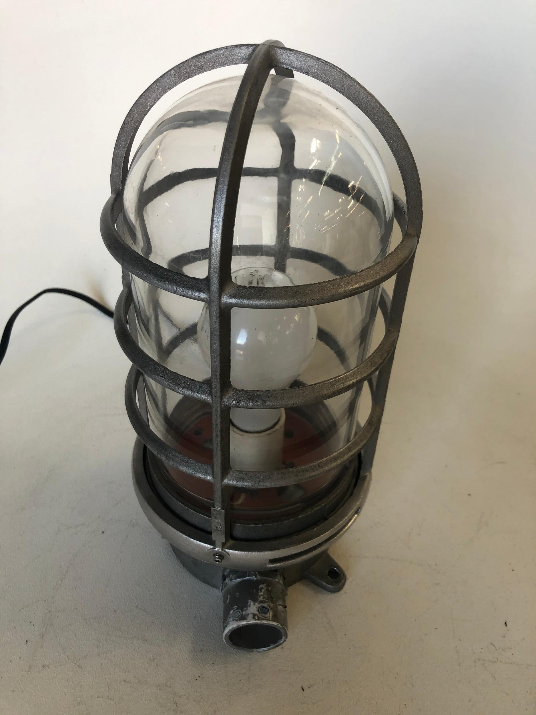 Industrial Iron Caged Marine Vapor Glass Light Fixture For Sale at