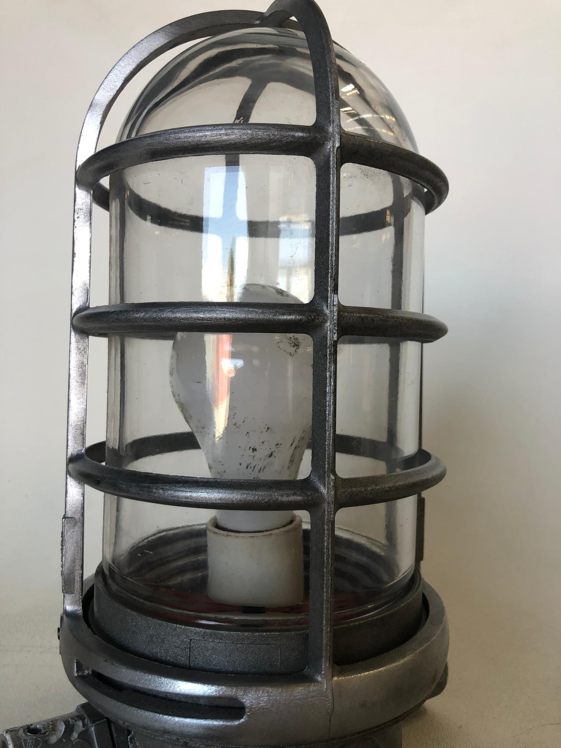 Industrial Iron Caged Marine Vapor Glass Light Fixture For Sale at