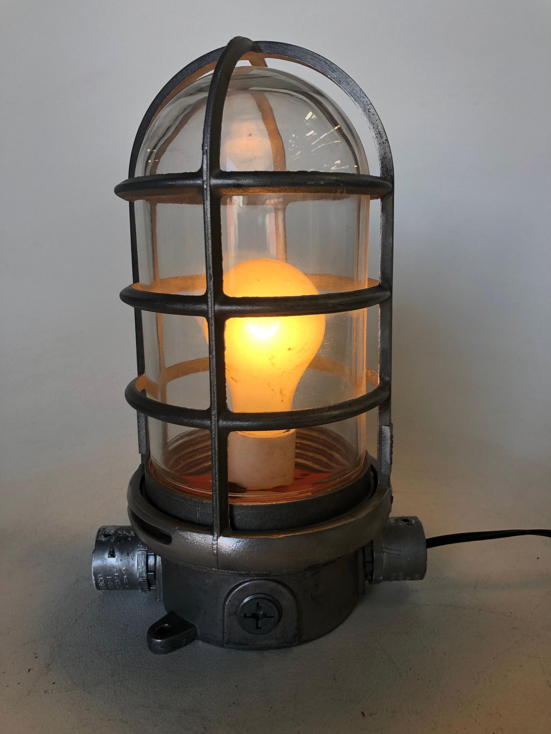 Industrial Iron Caged Marine Vapor Glass Light Fixture For Sale at