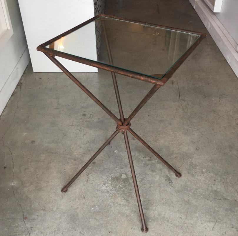Industrial Iron Cinched Center Four Leg Glass Top Side Table In Good Condition For Sale In Chicago, IL
