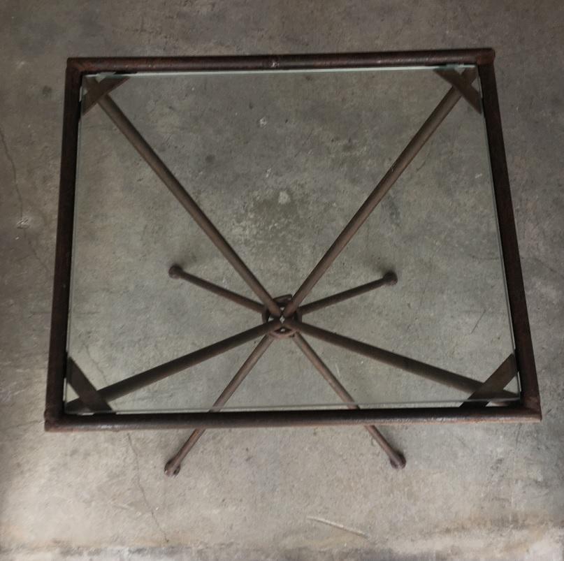Industrial Iron Cinched Center Four Leg Glass Top Side Table For Sale 2