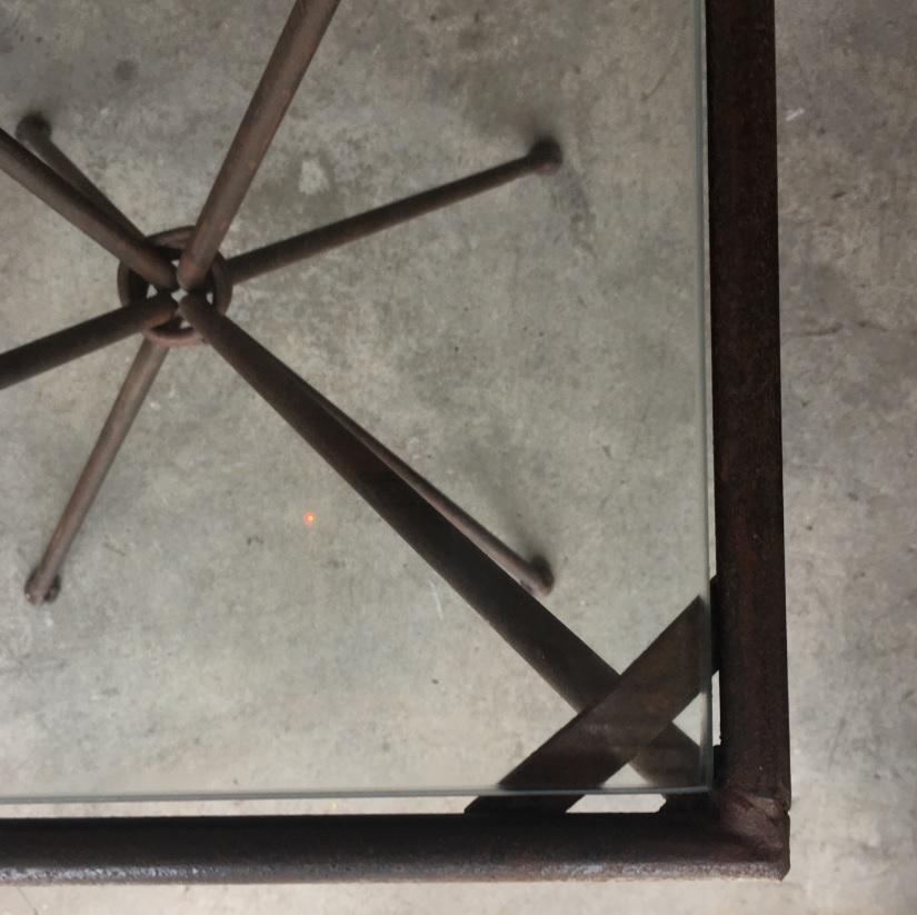 Industrial Iron Cinched Center Four Leg Glass Top Side Table For Sale 4
