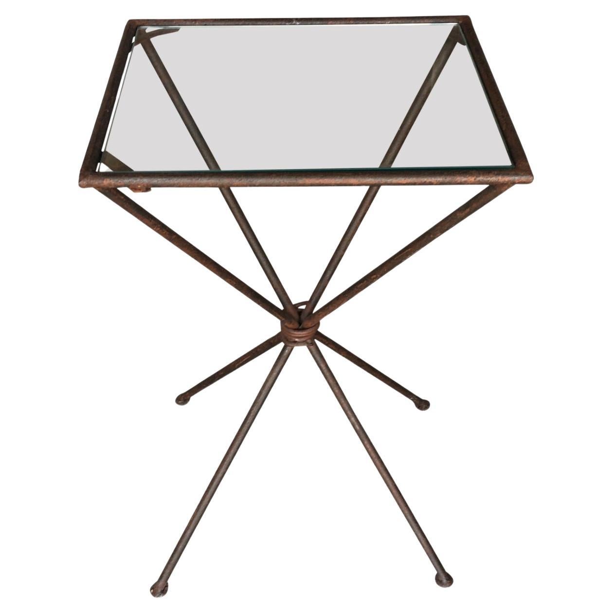 Industrial Iron Cinched Center Four Leg Glass Top Side Table For Sale