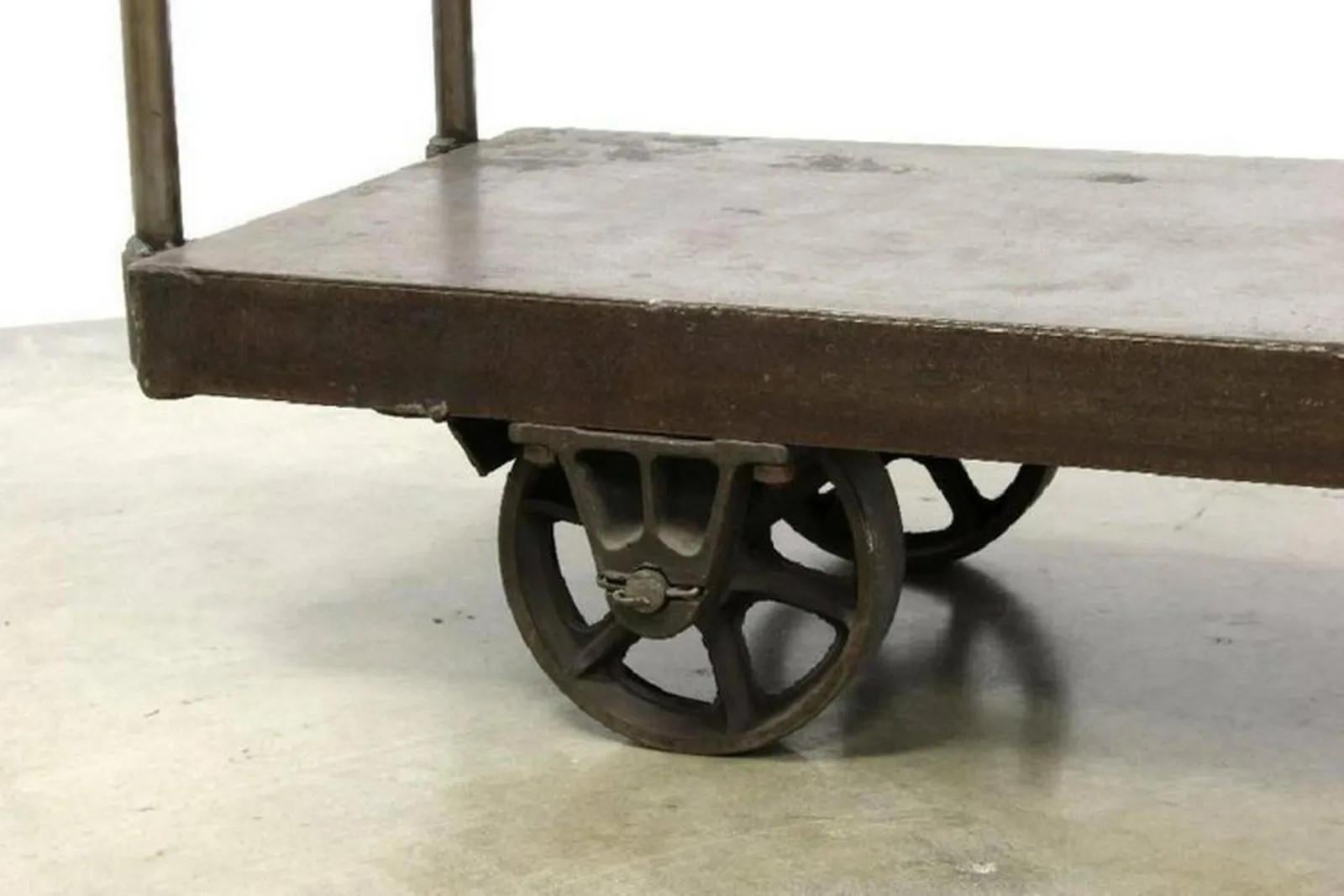 Metal Industrial Iron Reclaimed Wood Triple Shelving Cart For Sale