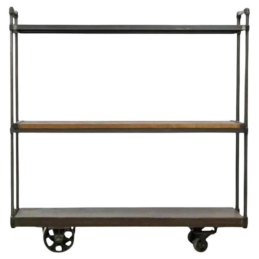 Industrial Iron Reclaimed Wood Triple Shelving Cart For Sale