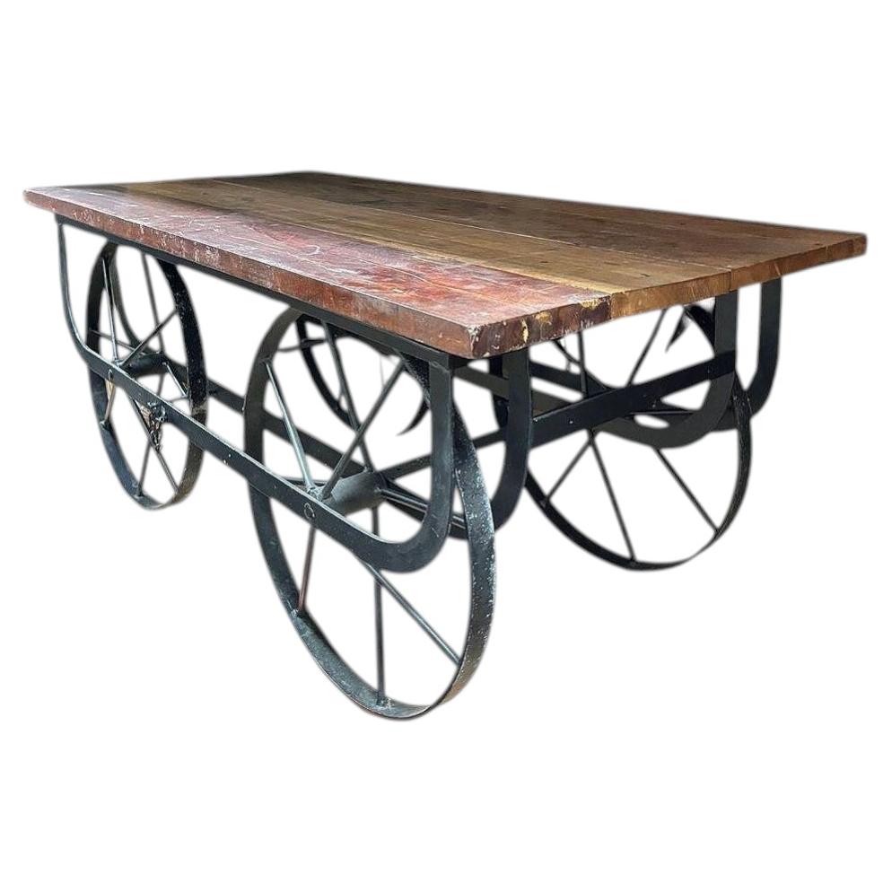 Industrial Iron & Wood Railroad Style Rolling Trolly Cart Coffee Table