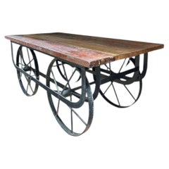 Industrial Iron & Wood Railroad Style Rolling Trolly Cart Coffee Table