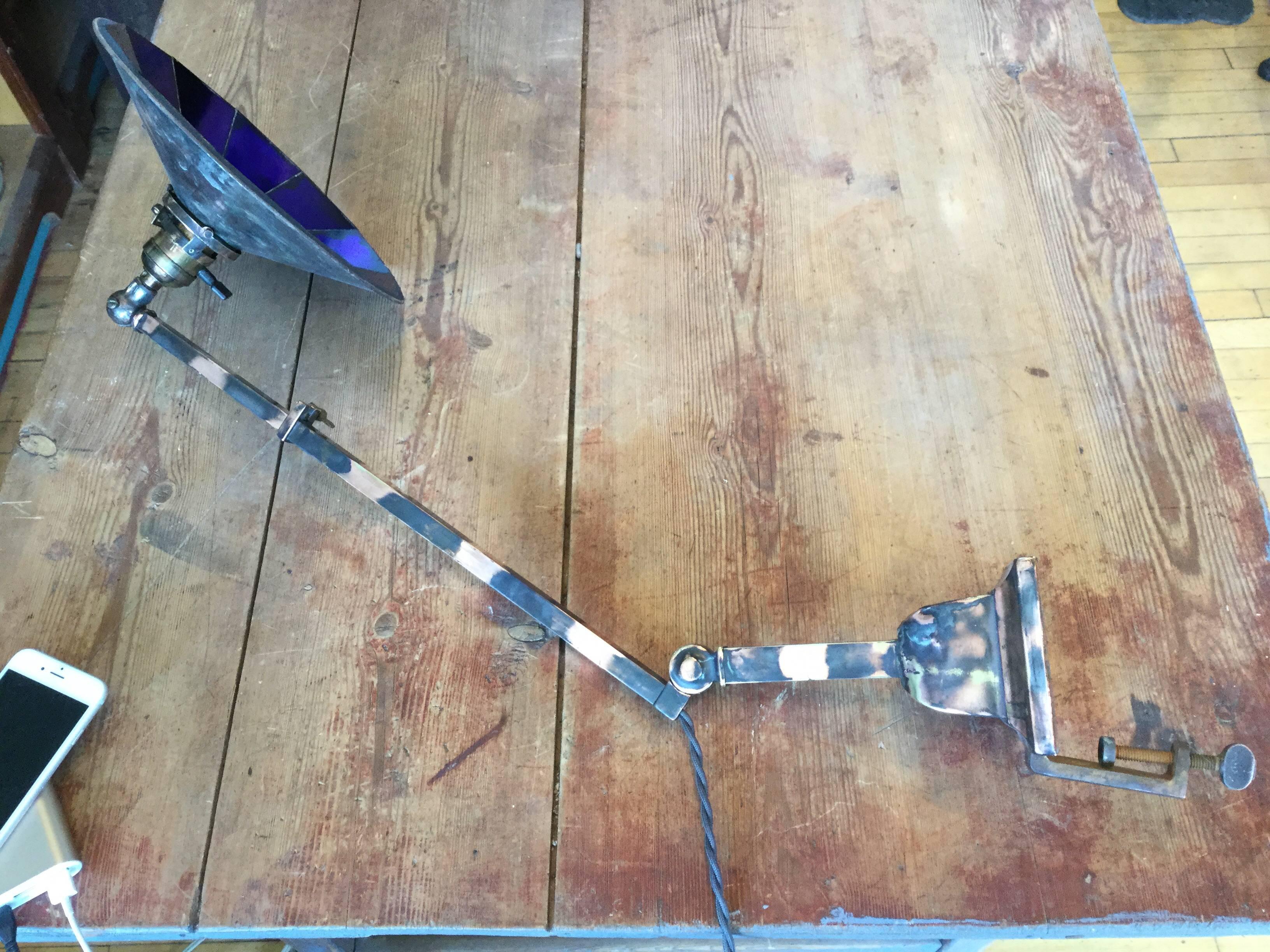 Industrial Japanned Lamp with Blue Mirrored Shade In Excellent Condition For Sale In North Beninngton, VT