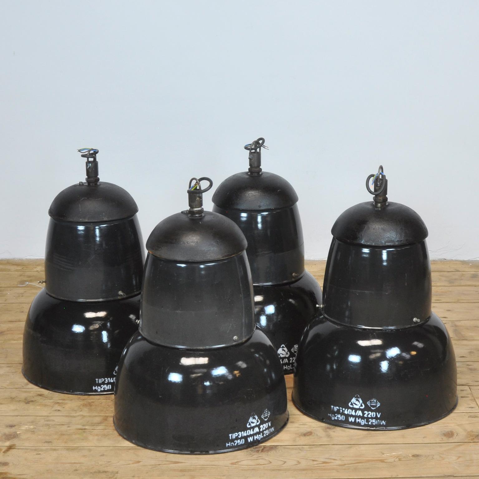 Enameled Industrial Lamp, Factory Pendant Light in Black Finish, 1950s
