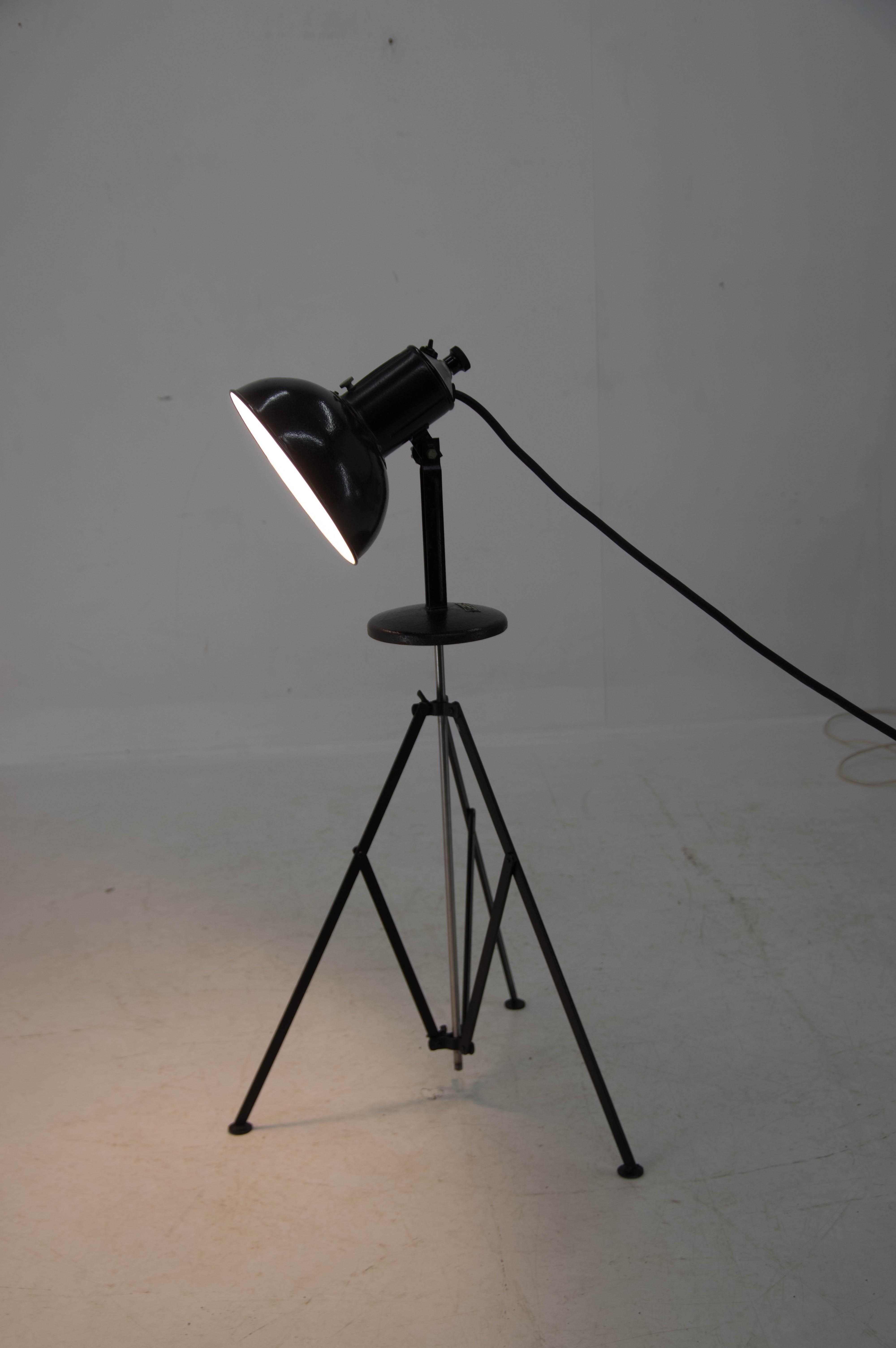 Metal industrial floor lamp with flexible shade.
Very good original condition.
max 200W, E25-E27 bulb
US plug adapter included