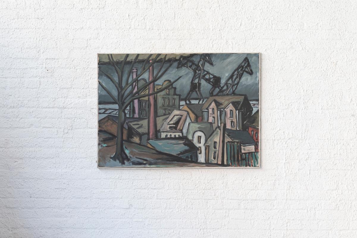 Industrial landscape named ‘Elbsicht Altona’, painting by Uwe Witt For Sale 7