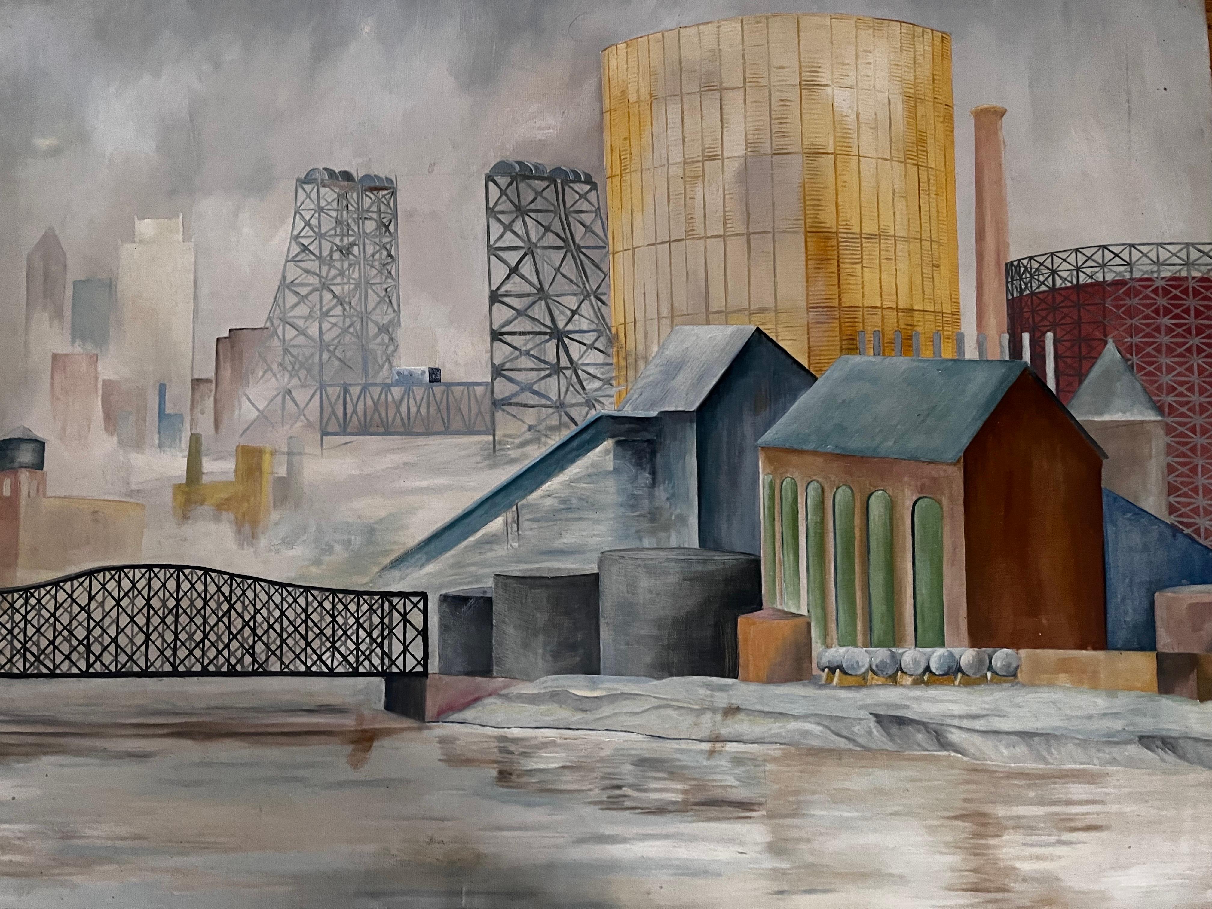 Very Nice, Old, Painting of Industrial Landscape Scene
signed Duff, 1942

couple small repairs as seen on canvas back
small 