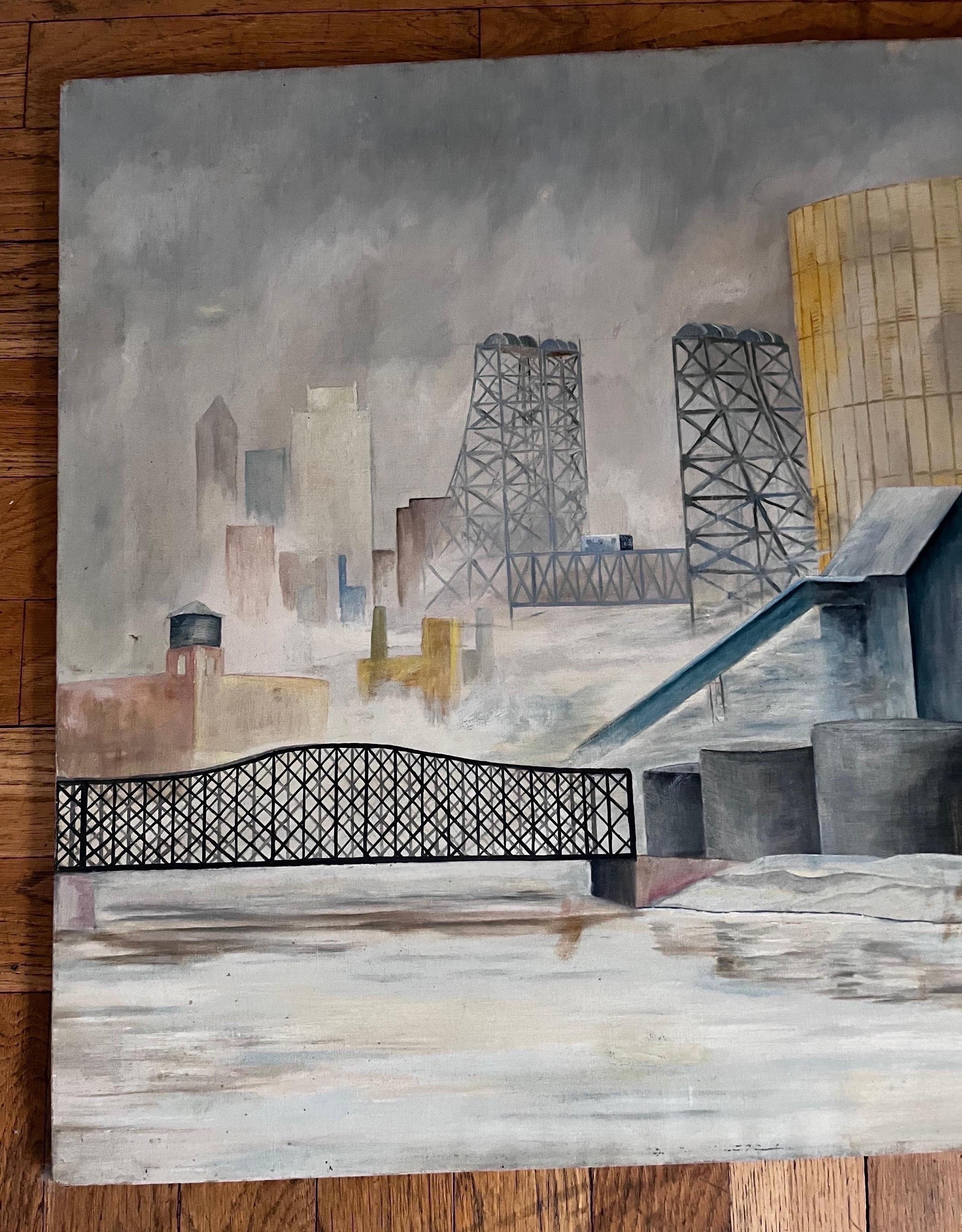 American Industrial Landscape Painting, signed Duff, 1942 For Sale