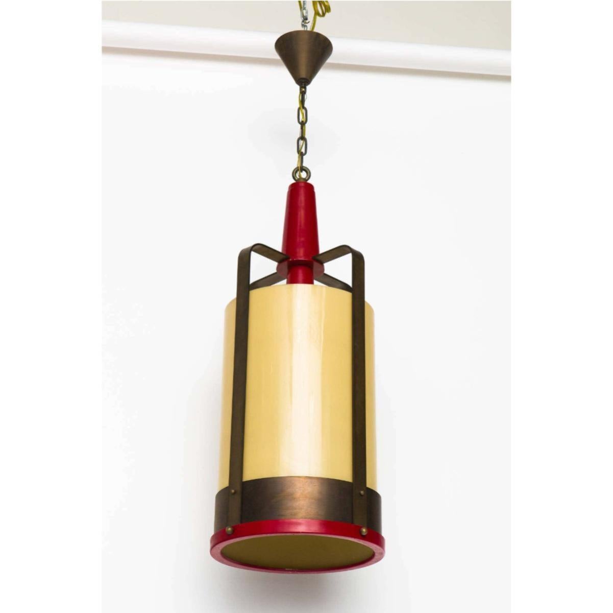 Industrial Lantern Style Pendant with Amber Glass Shade In Good Condition For Sale In Tarrytown, NY