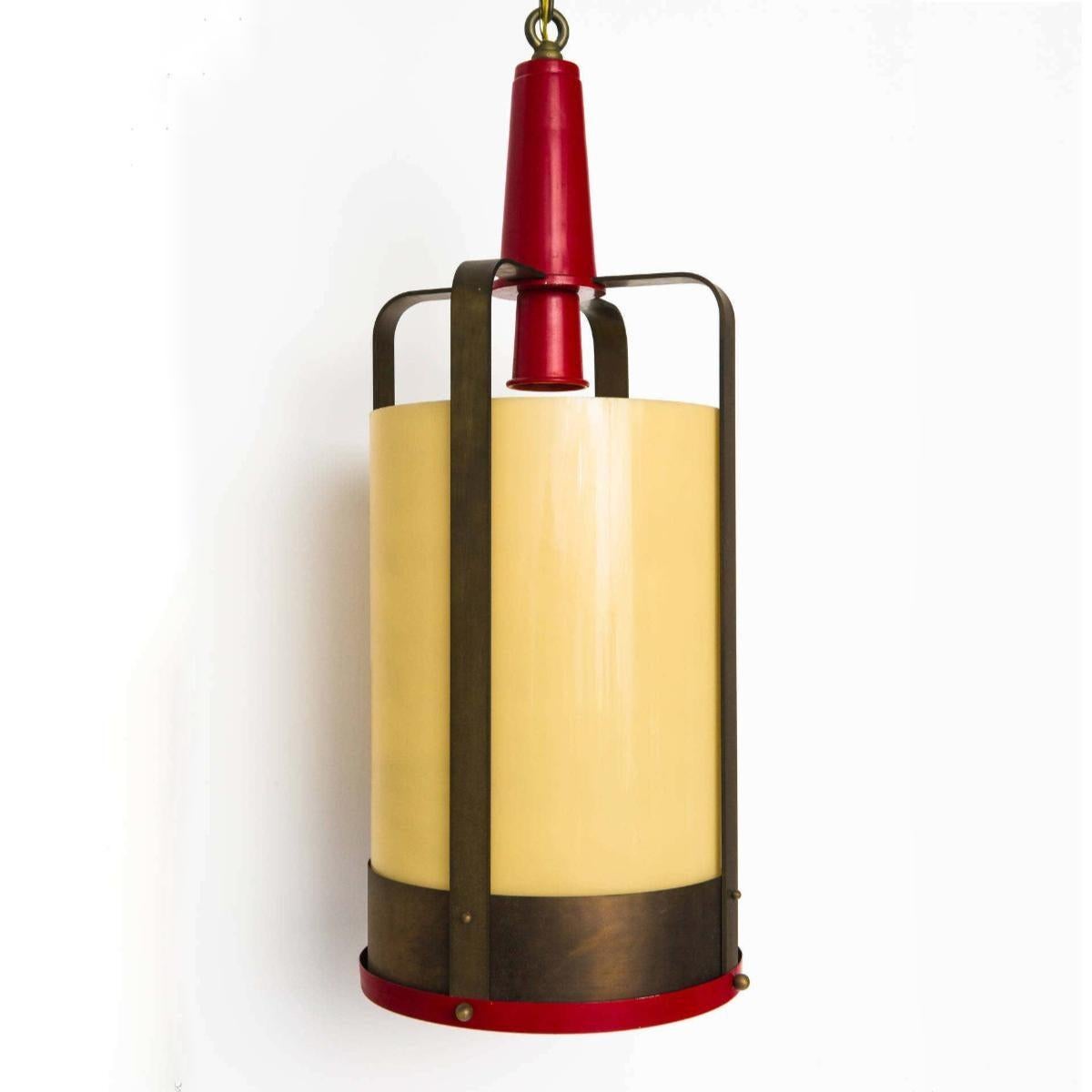 Mid-20th Century Industrial Lantern Style Pendant with Amber Glass Shade For Sale