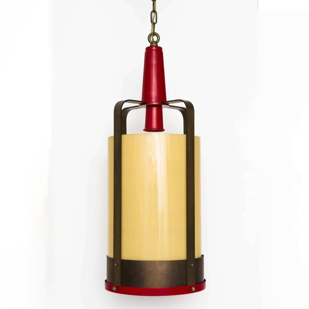 Metal Industrial Lantern Style Pendant with Amber Glass Shade For Sale