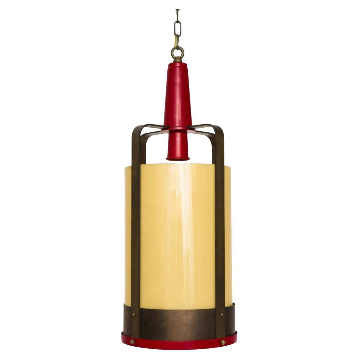 Industrial Lantern Style Pendant with Amber Glass Shade For Sale