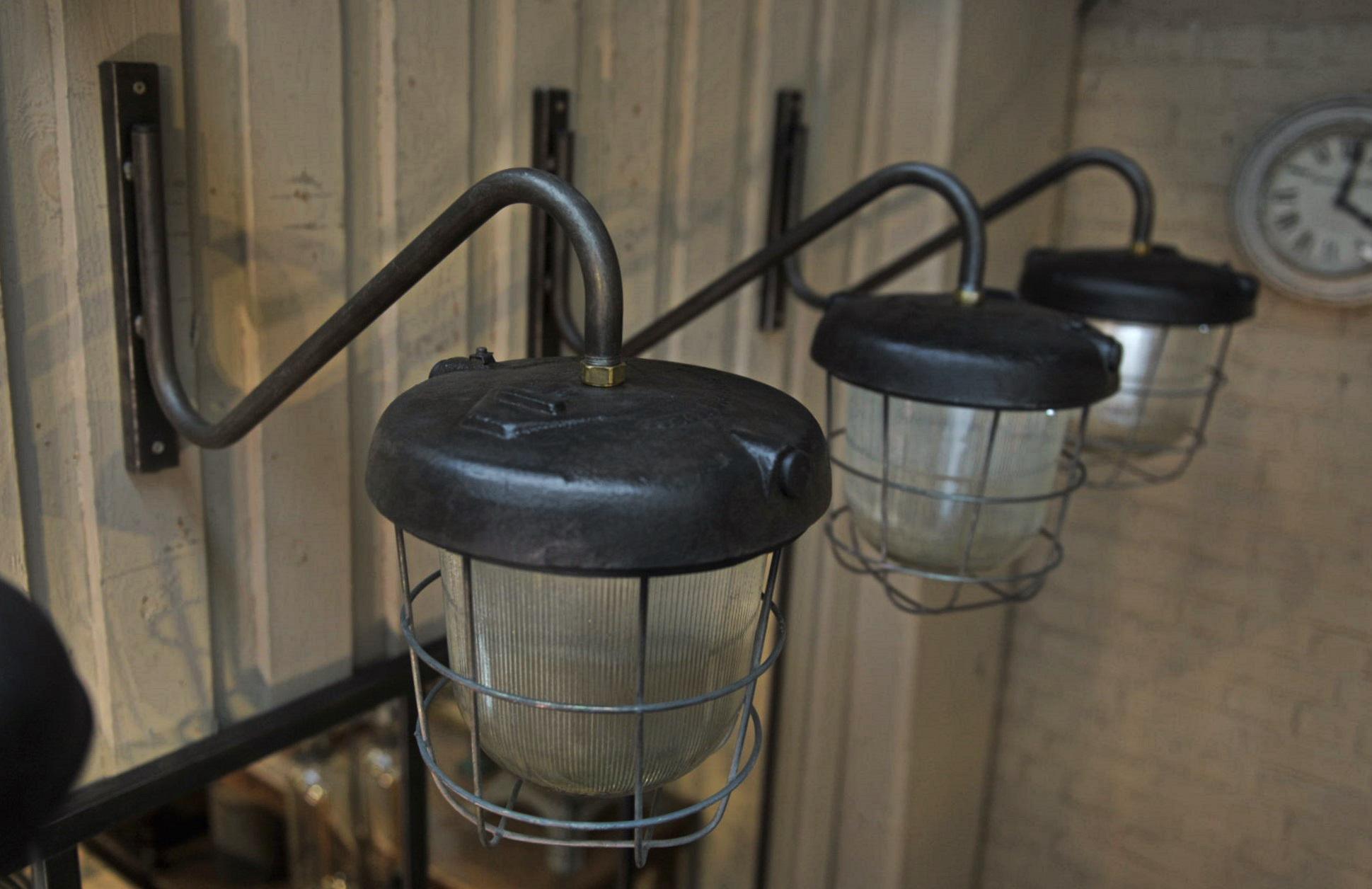 Industrial Lanterns Iron and Glass Street Wall Lights Sconces, 1920s For Sale 7