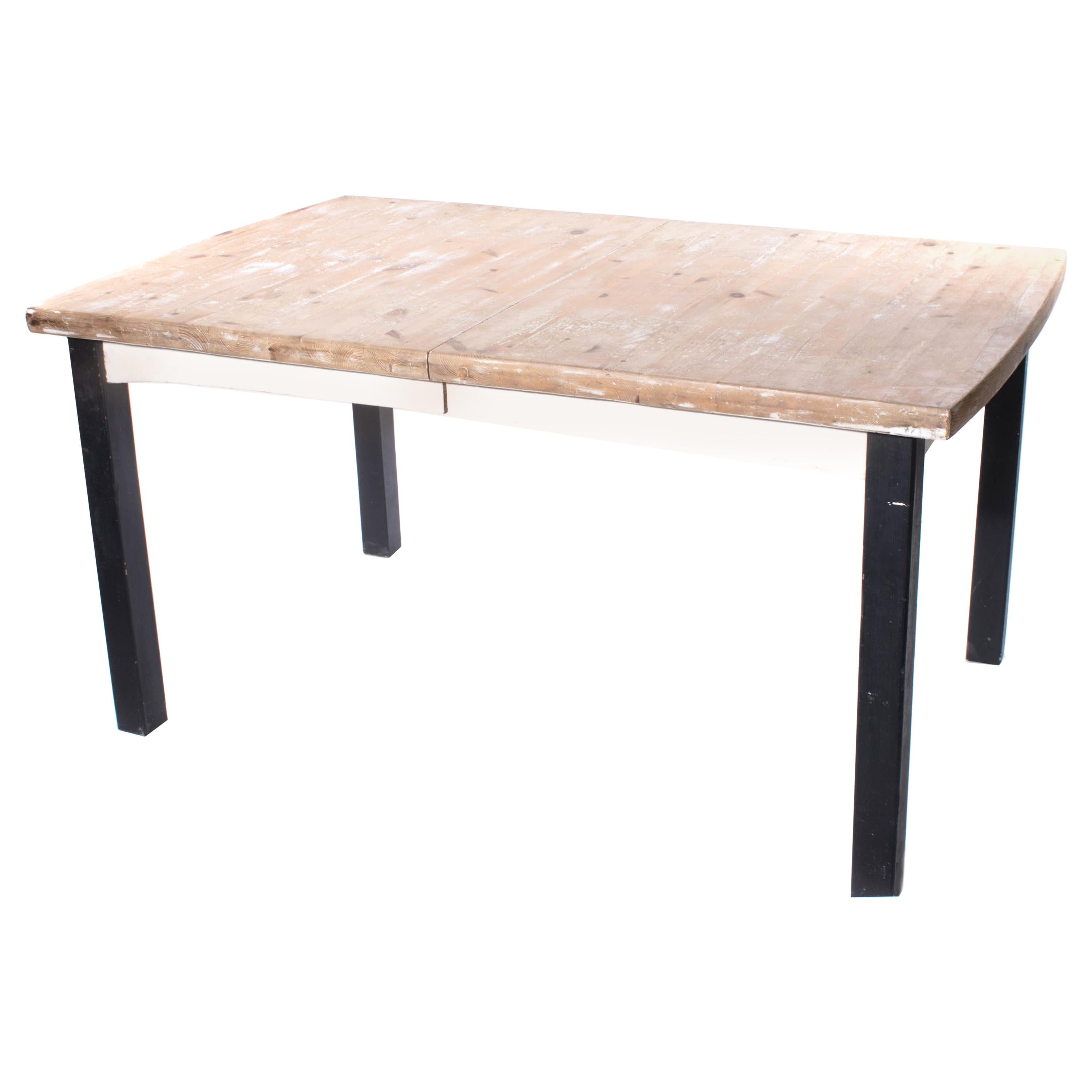 Industrial Large Table with Black Painted Legs in Solid Pine For Sale