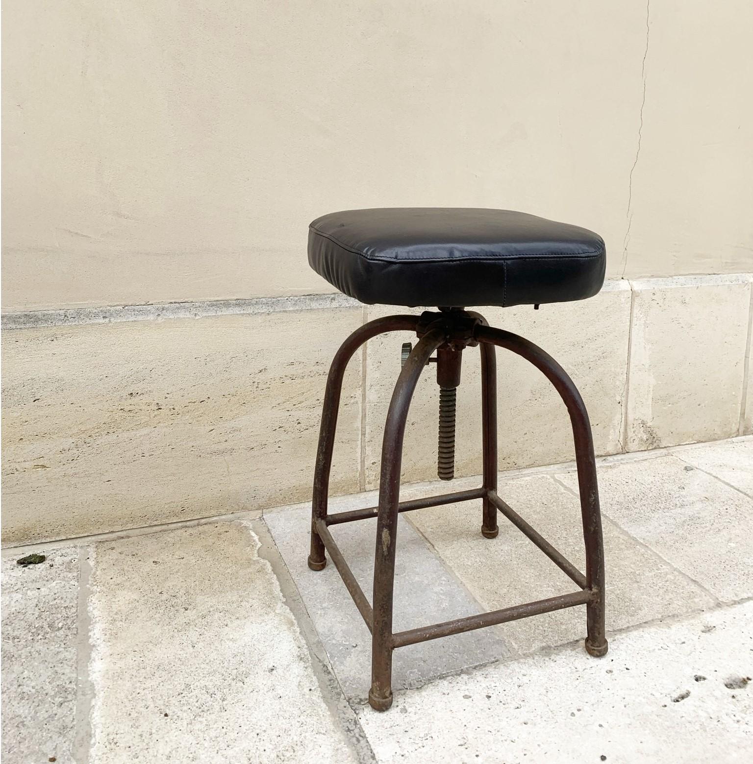French Industrial Leather and Iron Swivel Stool For Sale