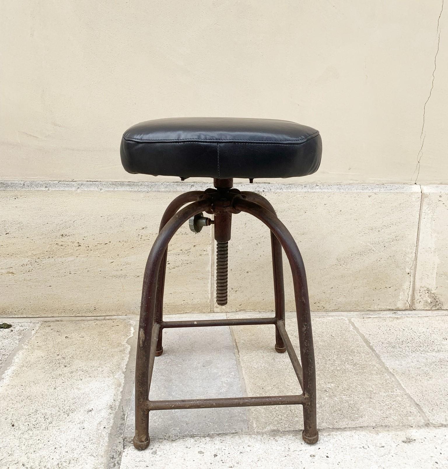 Forged Industrial Leather and Iron Swivel Stool For Sale