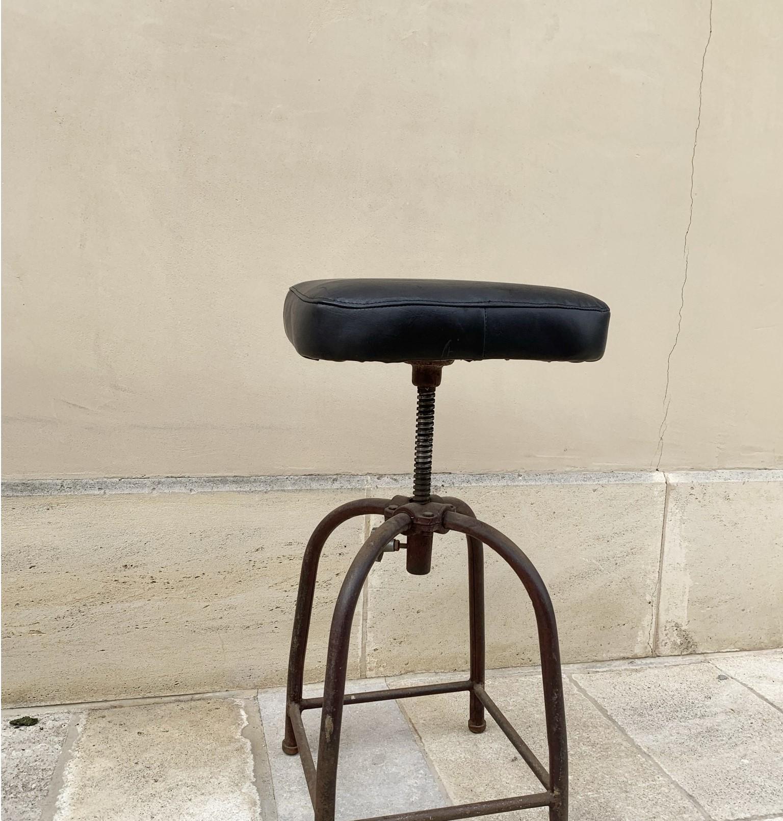 20th Century Industrial Leather and Iron Swivel Stool For Sale