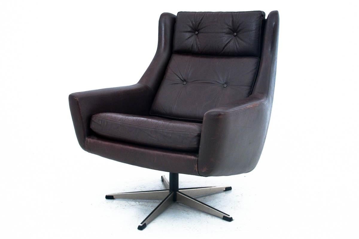 Mid-Century Modern Industrial Leather Armchair with a Footstool, Denmark, 1960s For Sale