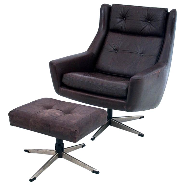 Industrial Leather Armchair with a Footstool, Denmark, 1960s