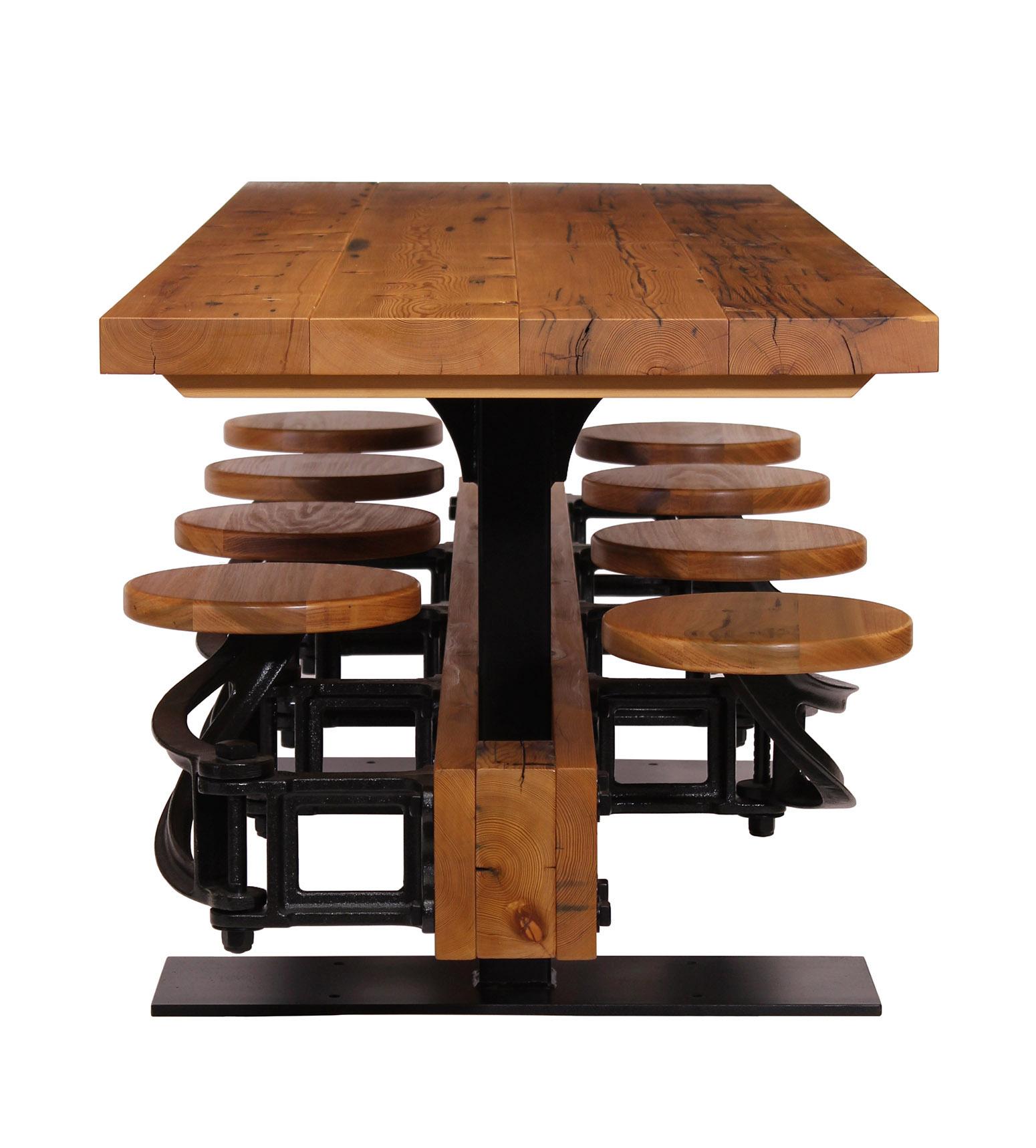 Iron Industrial Library Table with Swing-Out Stools and Reclaimed Pine 4-24 Seats For Sale