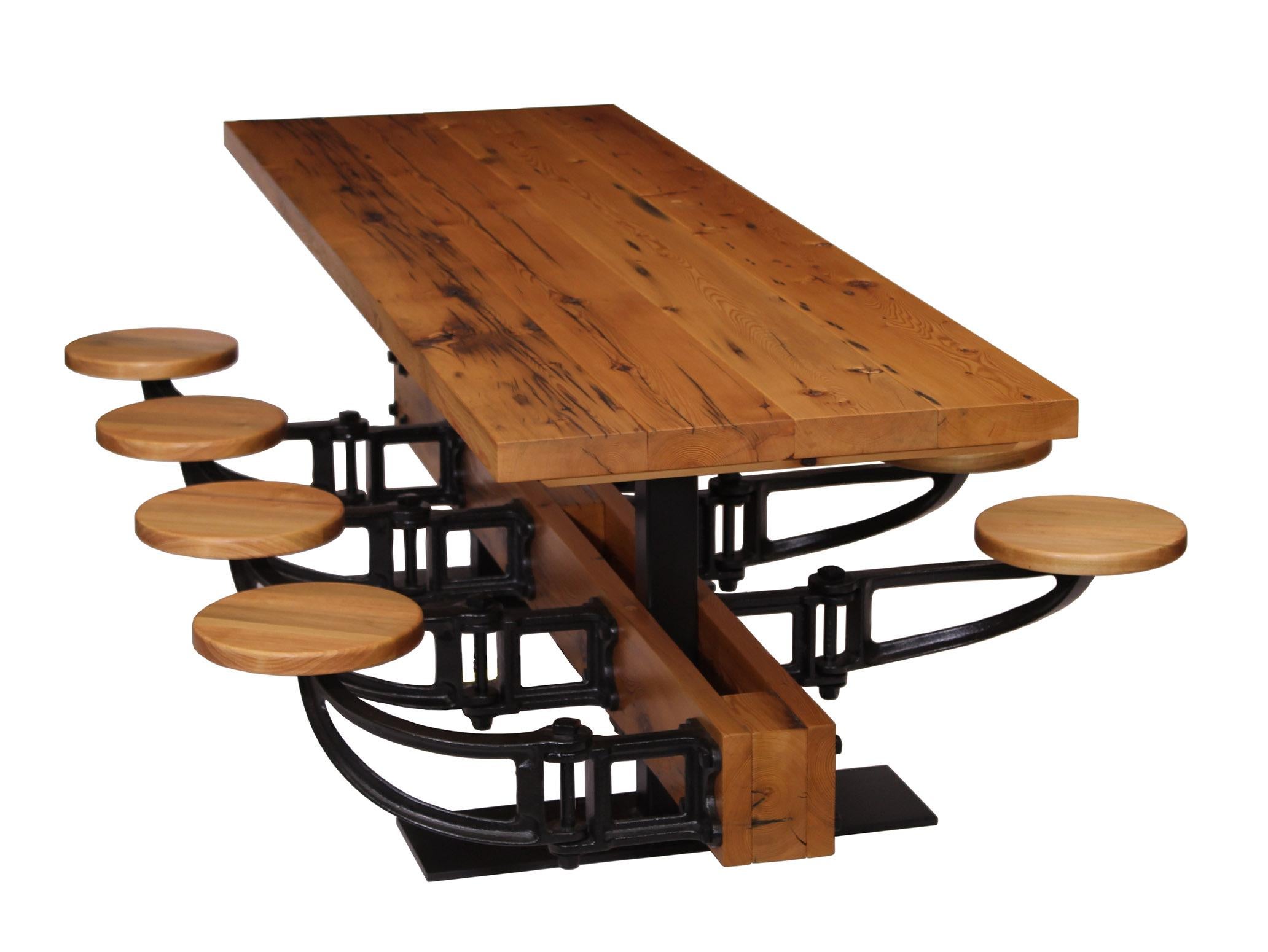 Industrial Library Table with Swing-Out Stools and Reclaimed Pine 4-24 Seats For Sale 1