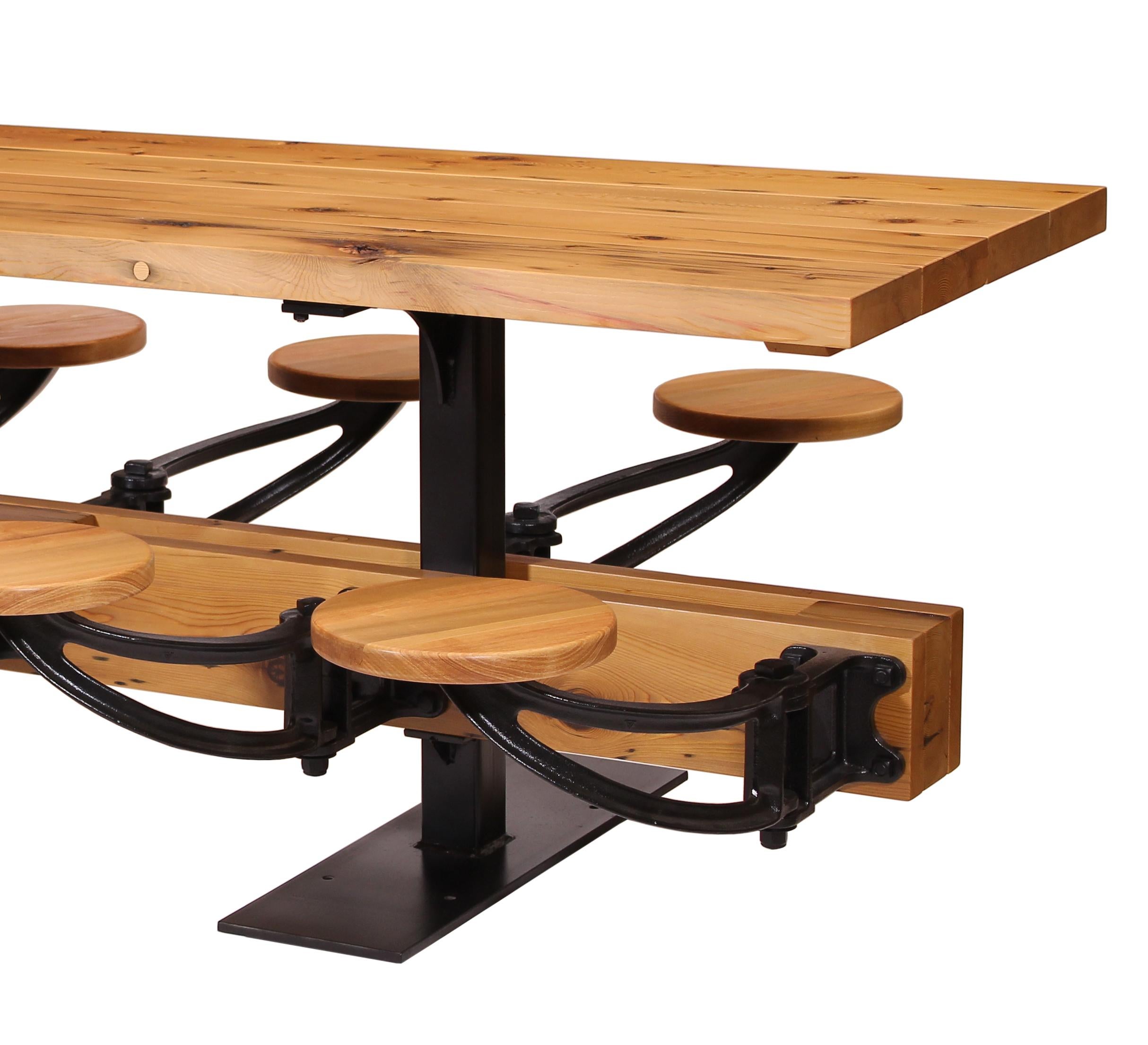 Industrial Library Table with Swing-Out Stools and Reclaimed Pine 4-24 Seats For Sale 2
