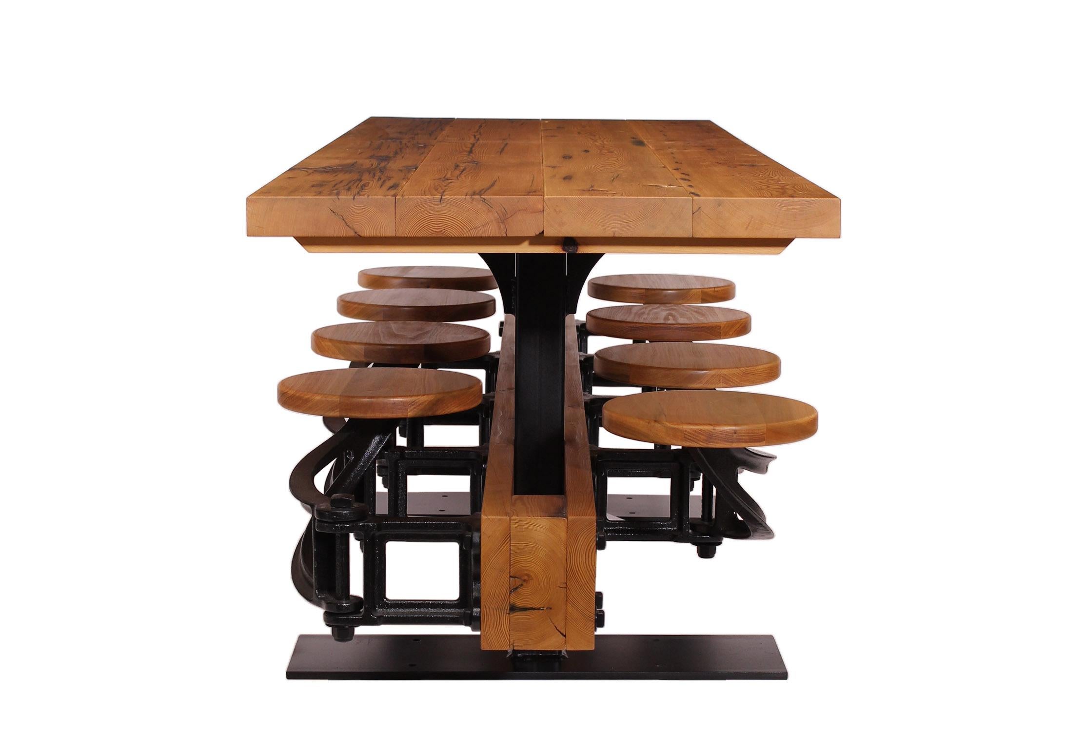 dining table with attached stools