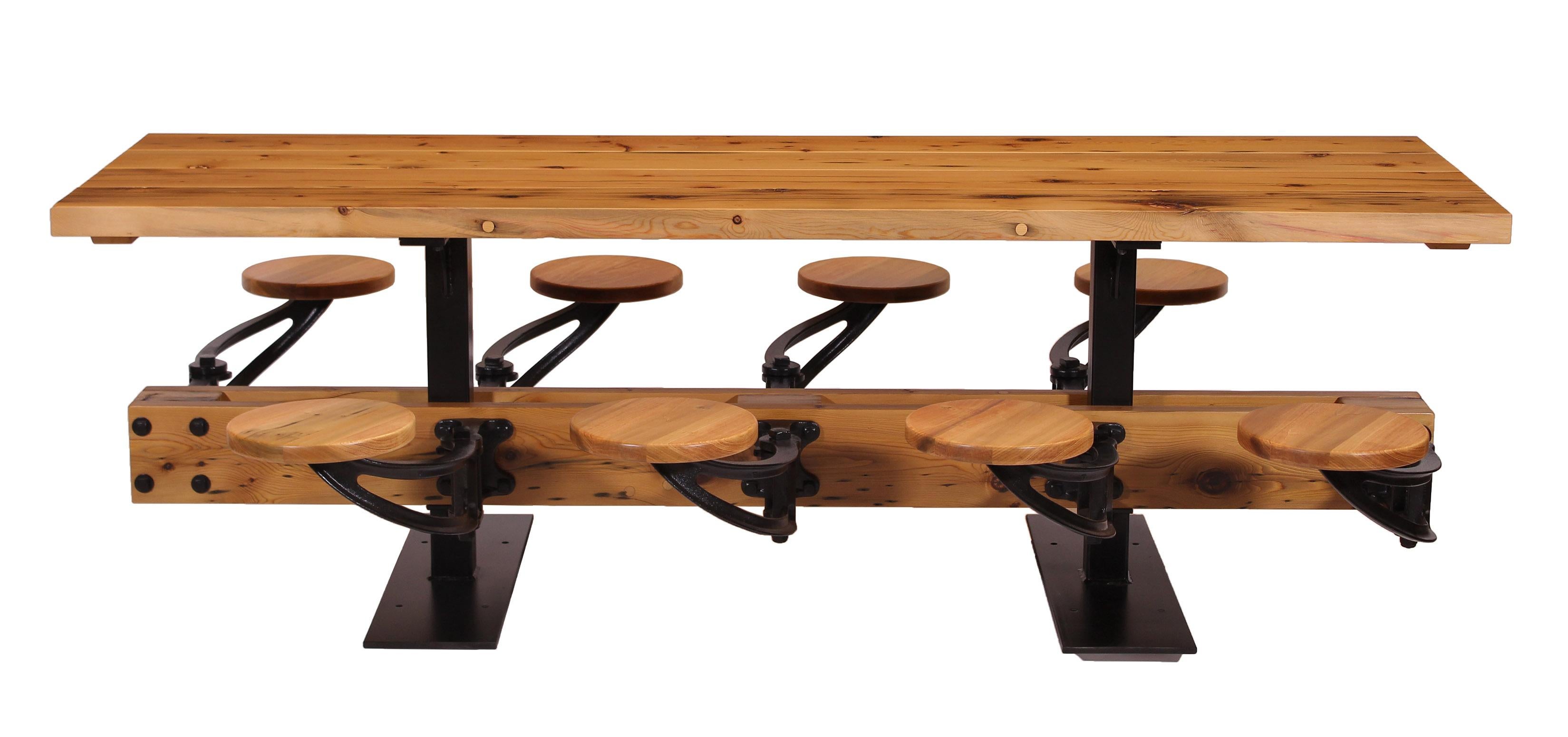 American Industrial Library Table with Swing-Out Stools and Reclaimed Pine 4-24 Seats For Sale