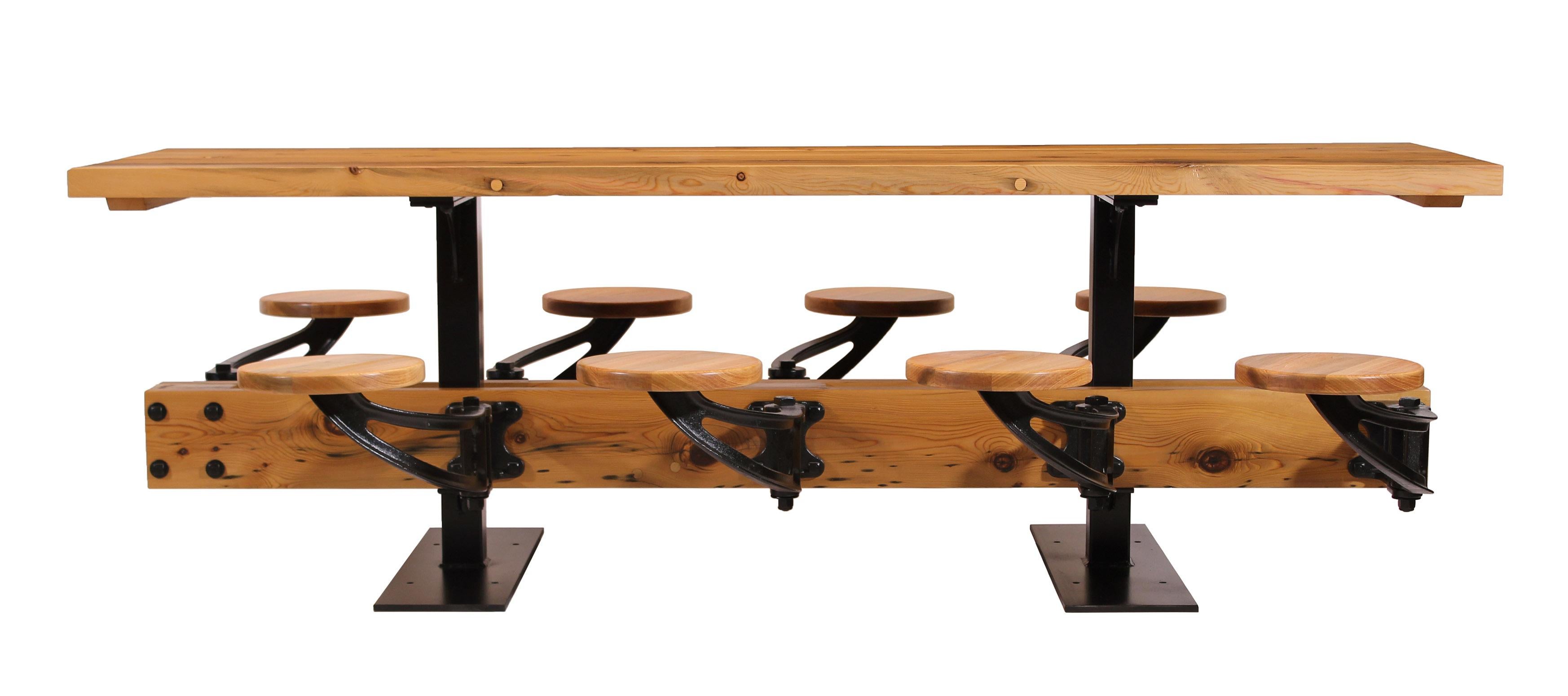 Cast Industrial Library Table with Swing-Out Stools and Reclaimed Pine 4-24 Seats For Sale