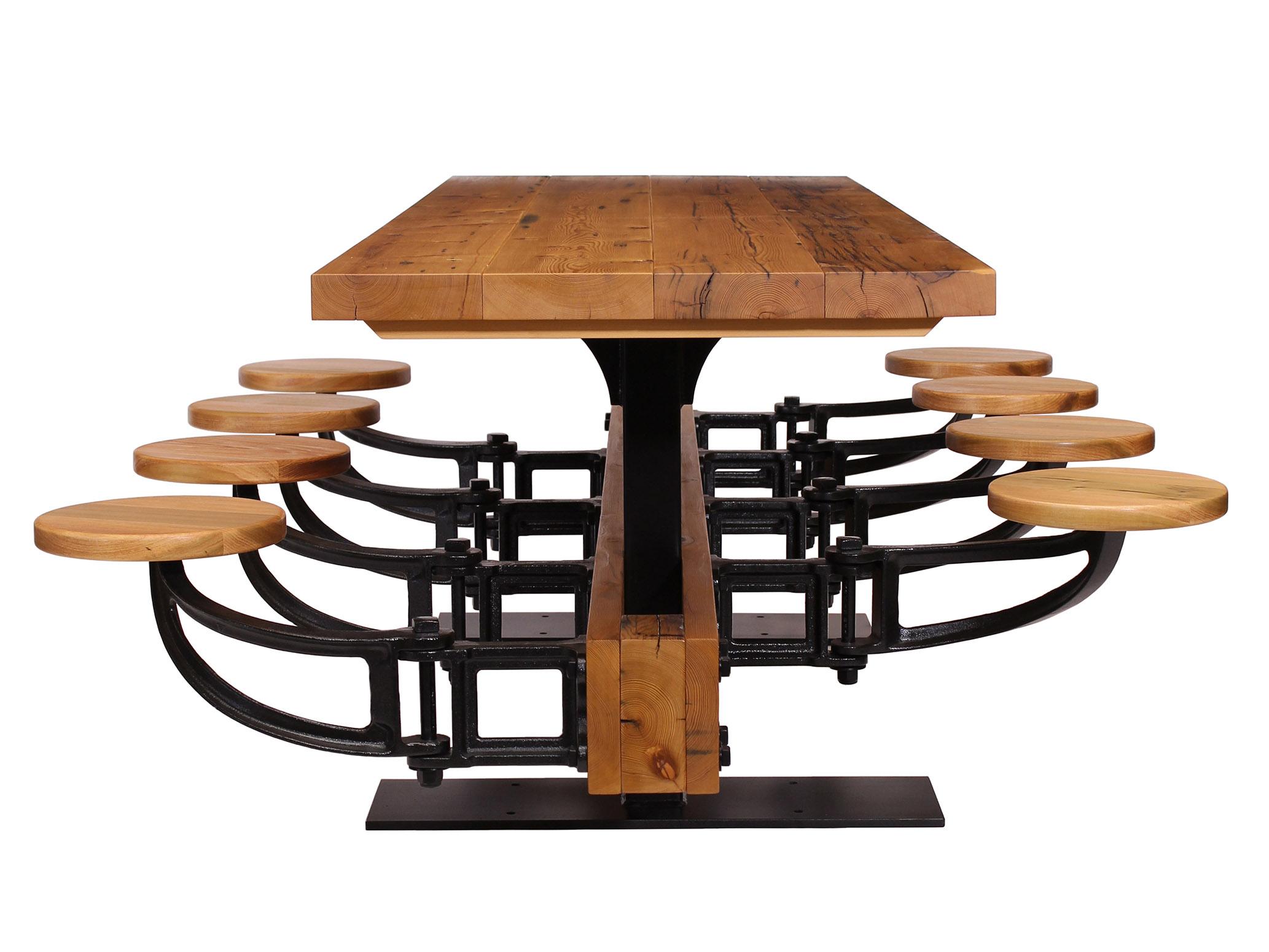 Contemporary Industrial Library Table with Swing-Out Stools and Reclaimed Pine 4-24 Seats For Sale
