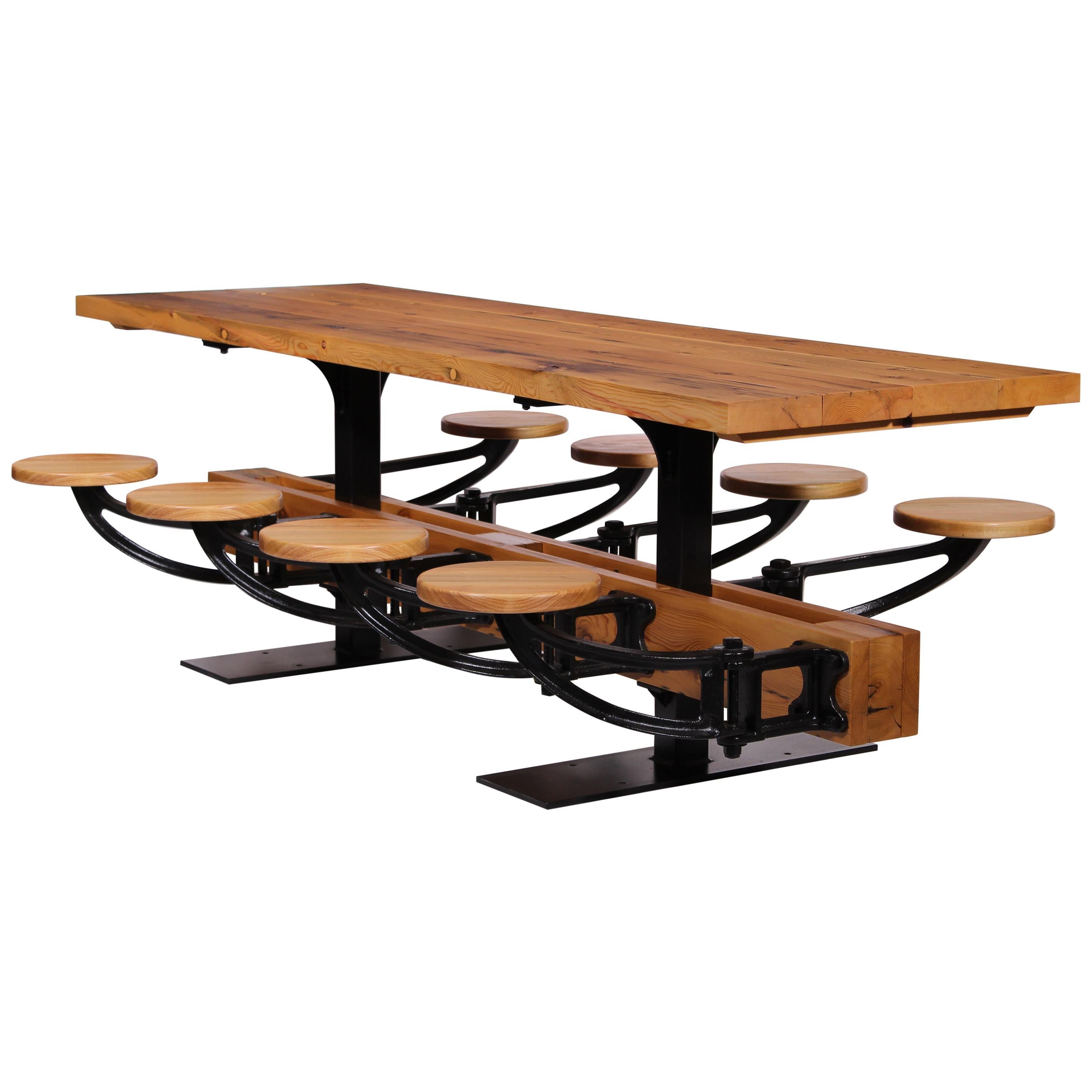 Industrial Library Table with Swing-Out Stools and Reclaimed Pine 4-24 Seats