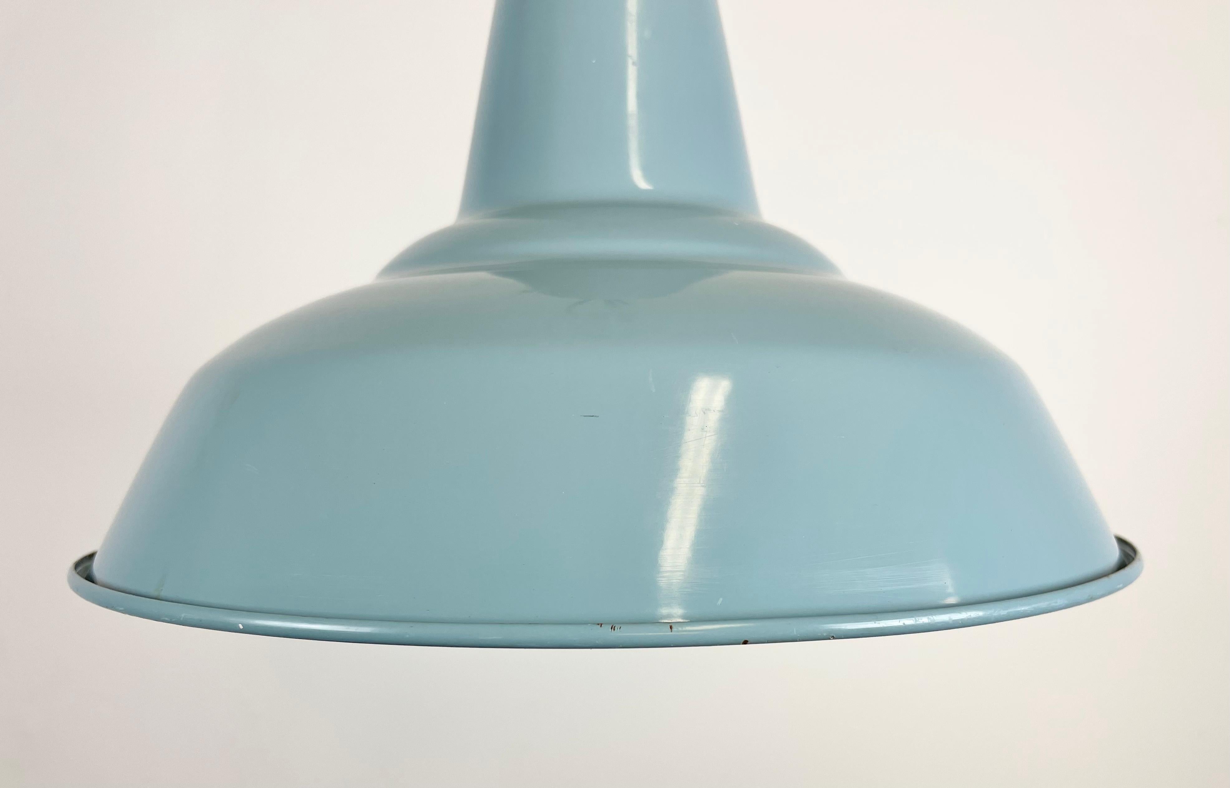 Industrial Light Blue Factory Pendant Lamp, 1970s In Good Condition For Sale In Kojetice, CZ