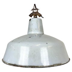 Industrial Light Grey Enamel Factory Lamp with Cast Iron Top, 1950s