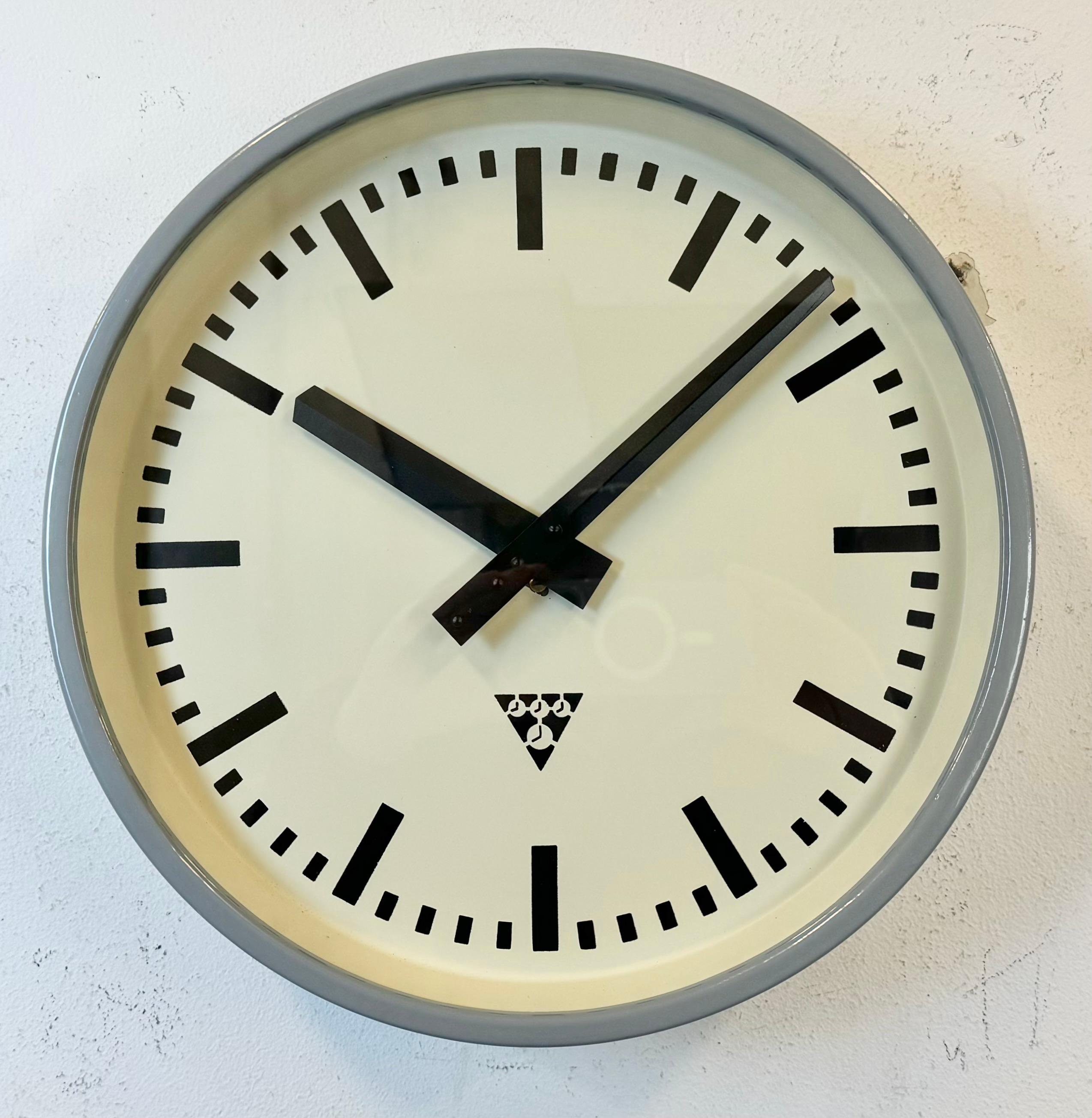 Czech Industrial Light Grey Factory Wall Clock from Pragotron, 1960s For Sale