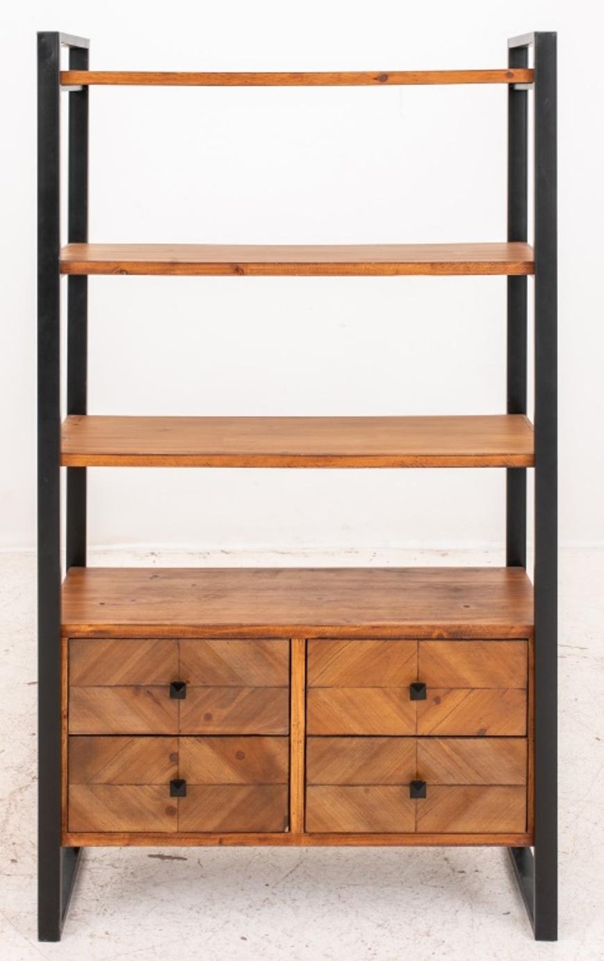 Industrial loft style bookcase have ebonized metal frame and wooden shelves upon four drawers.

Dimensions: 63.5