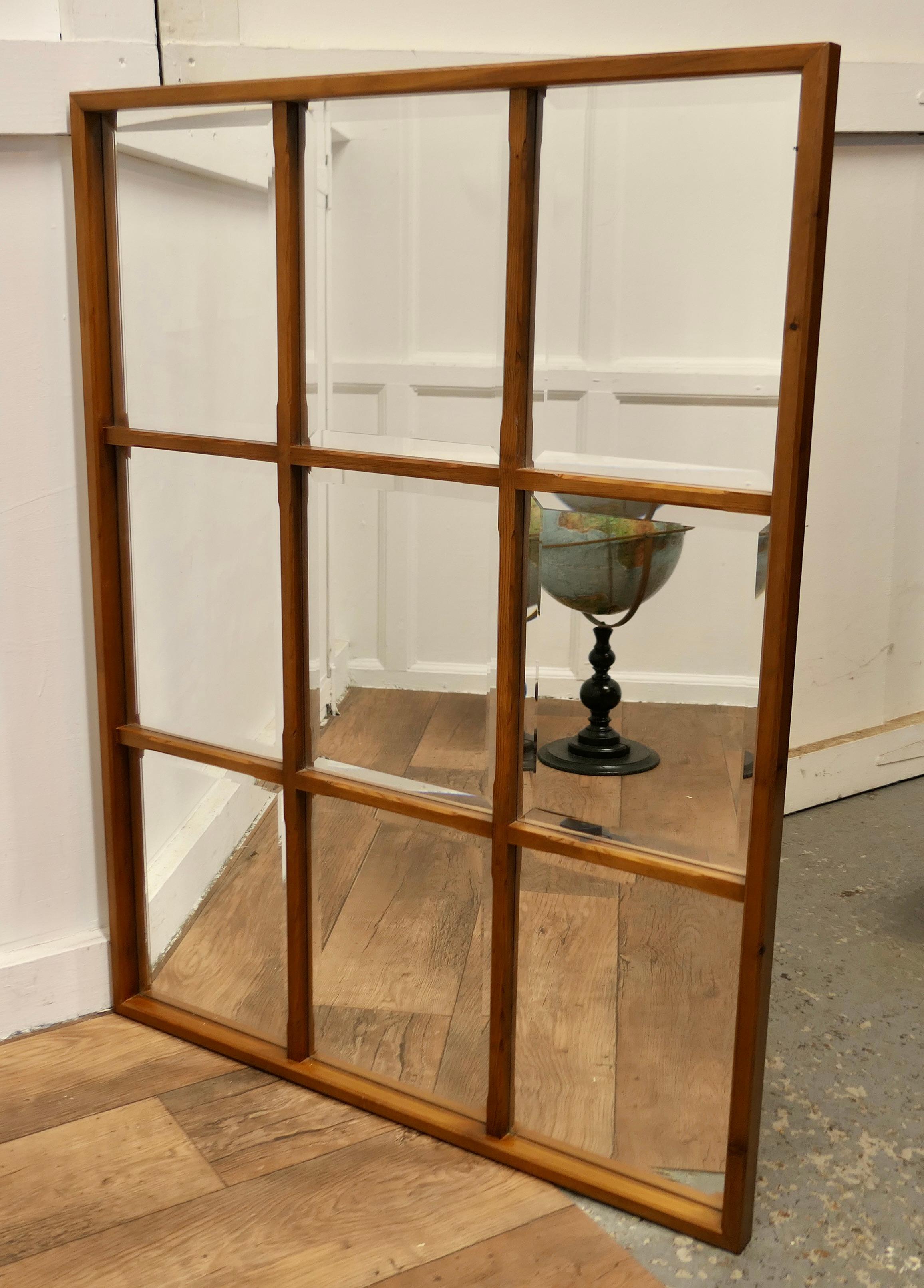 Pine Industrial Look Square Window Mirror     For Sale