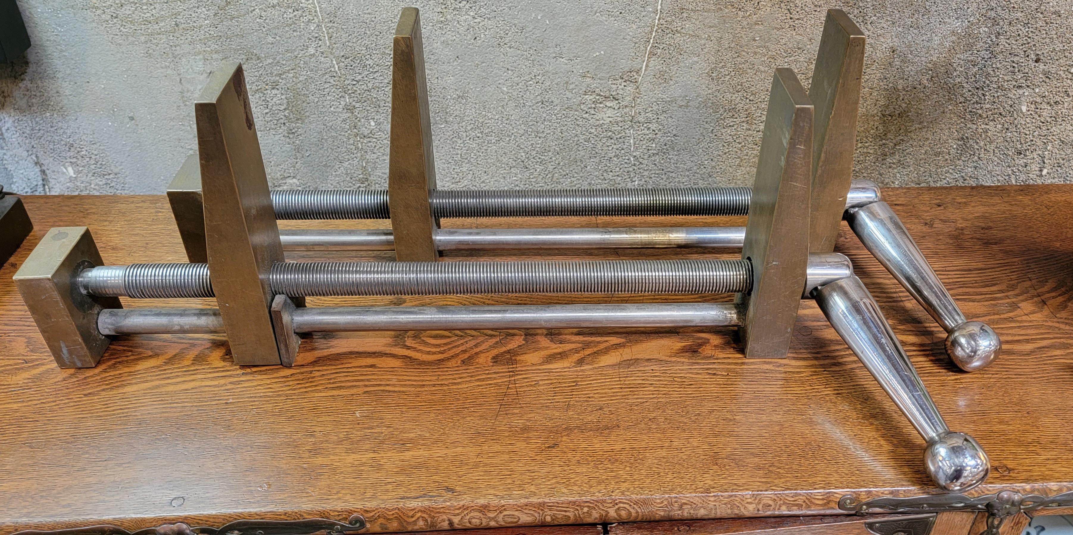 Unique pair of large-scale sash clamps. Fine craftsmanship and materials with precision to detail. Solid brass and stainless steel. When I picked these up and examined the quality and weight of these clamps I just had to buy them. I figured they