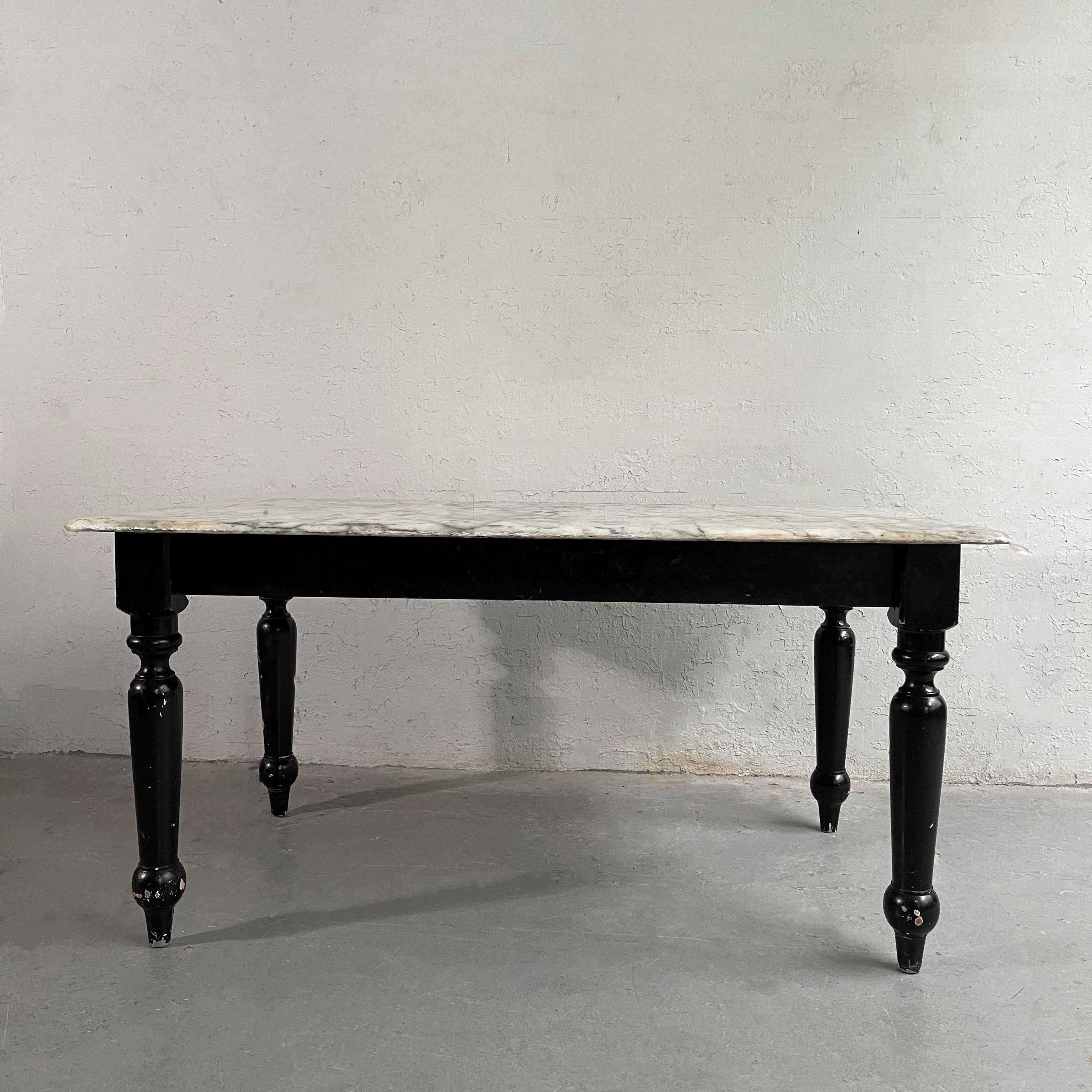 American Industrial Marble Top Turned Maple Library Table For Sale