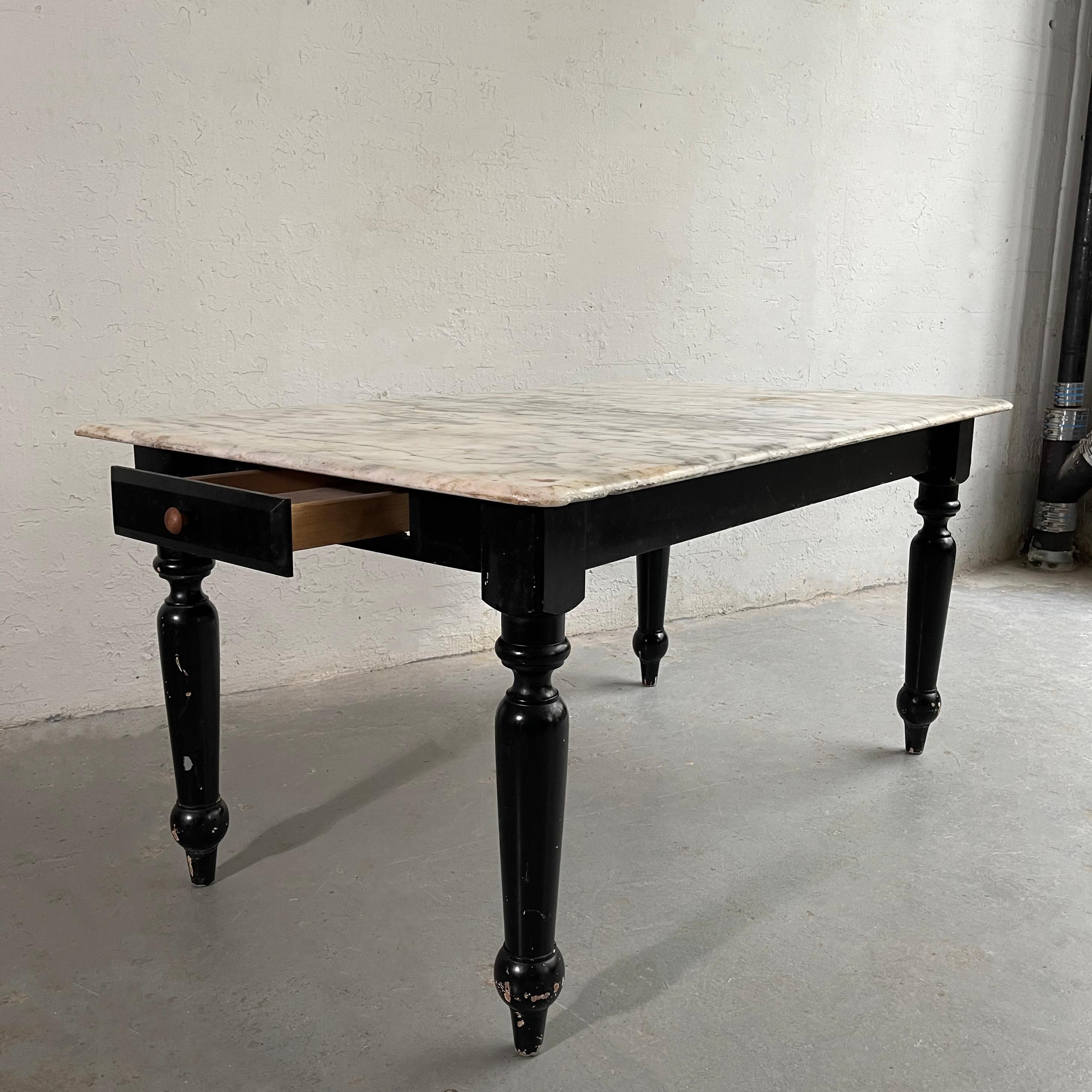 Industrial Marble Top Turned Maple Library Table For Sale 1
